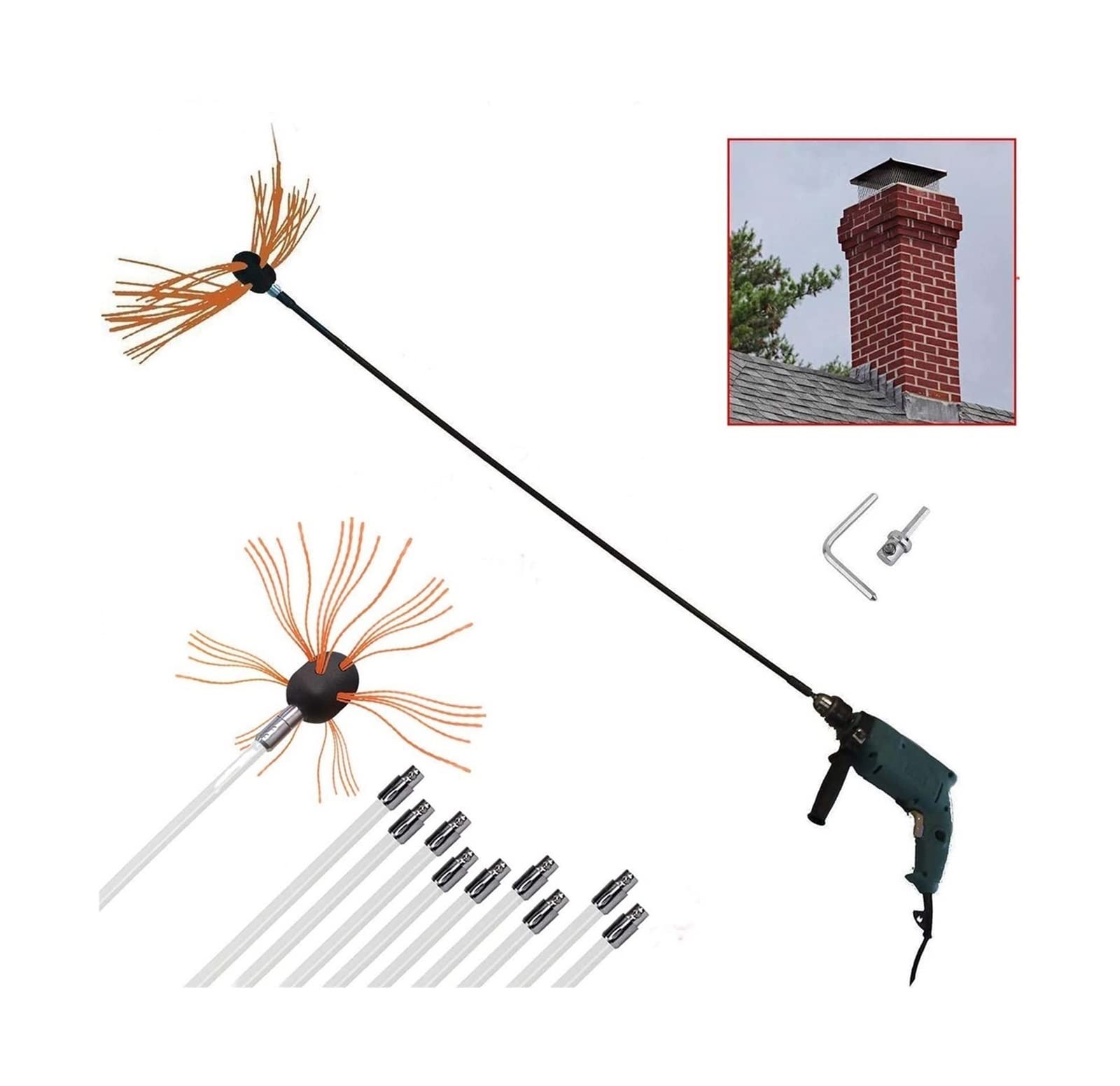 Motorized Chimney Sweep Kit with Nylon Flexible Rods - 10m Orange Rotary Cleaning Brush for Fireplace & Wood Stove Maintenance - Perfect for Home Chimney Cleaning and Fire Safety