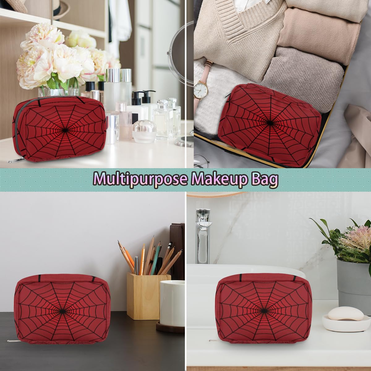 Waterproof Travel Toiletry Bag for Women & Men - Cute Small Cosmetic Makeup Organizer with Red Spider Web Design | Perfect for Airplane Carry-on, Gym, Camping & Business Trips