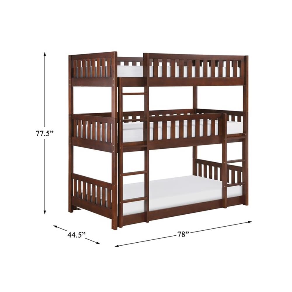 Lexicon Rowe Transitional Wood Triple Bunk Bed in Dark Cherry - Space-Saving Kids Bedroom Furniture for Siblings or Sleepovers - Perfect for Small Rooms, Vacation Homes & Shared Bedrooms