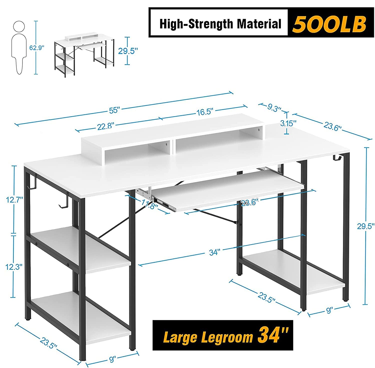 55 Inch Computer Desk with Keyboard Tray & Storage Shelves - Music Production Studio Desk with Monitor Stand & 4 Iron Hooks - Ergonomic Workstation for Home Office, Gaming & Music Production