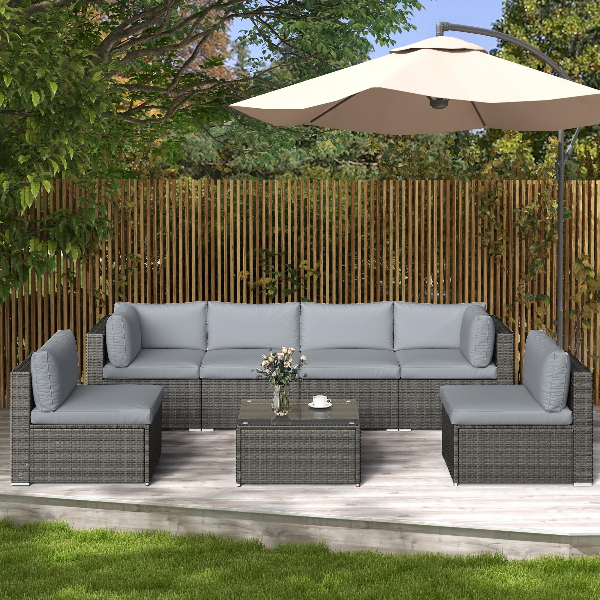 SUNVIVI 7-Piece Outdoor Patio Furniture Set - All-Weather PE Wicker Sofa Couch with Tempered Glass Table & Removable Gray Cushions - Perfect for Backyard, Garden, Poolside and Terrace Relaxation