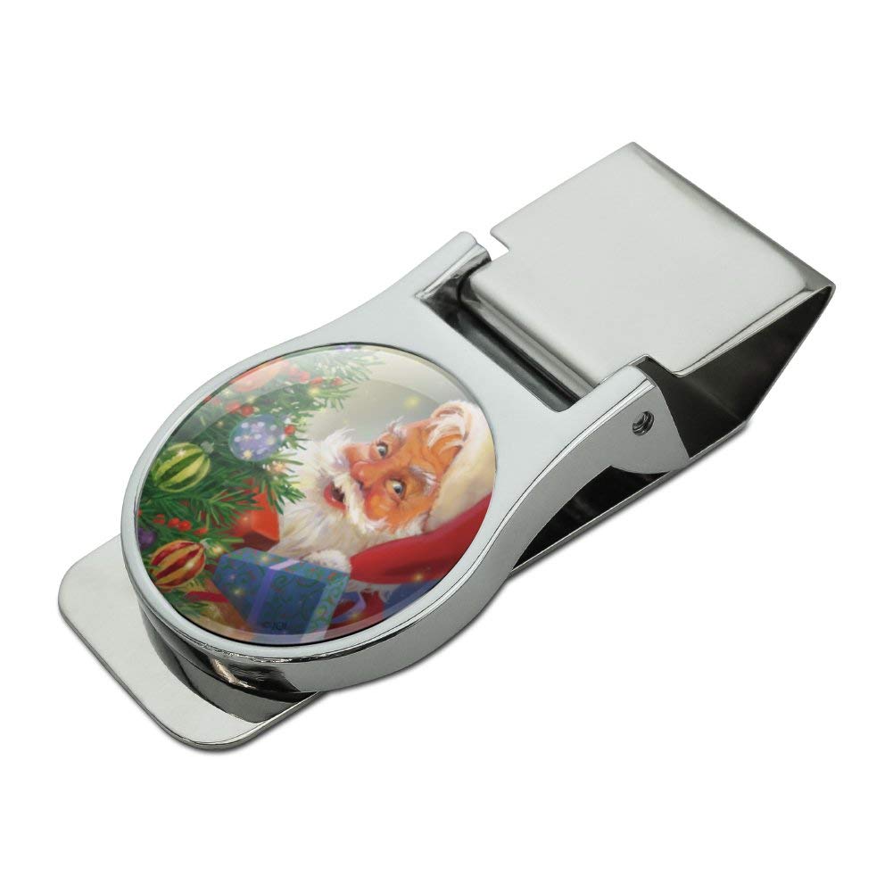 Santa Behind the Tree Money Clip - Satin Chrome Plated Metal Christmas Gift for Men - Perfect for Holiday Cash Gifts & Everyday Wallet Accessory