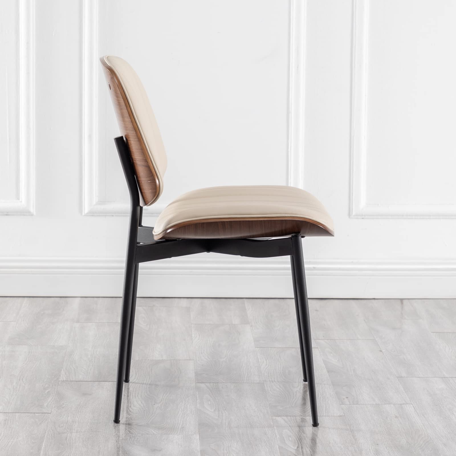 Mid Century Modern Dining Chairs Set of 2 - Retro Beige Faux Leather Upholstered Chairs with Walnut Bentwood Seat & Metal Legs - Adjustable Feet for Kitchen, Dining Room & Home Office