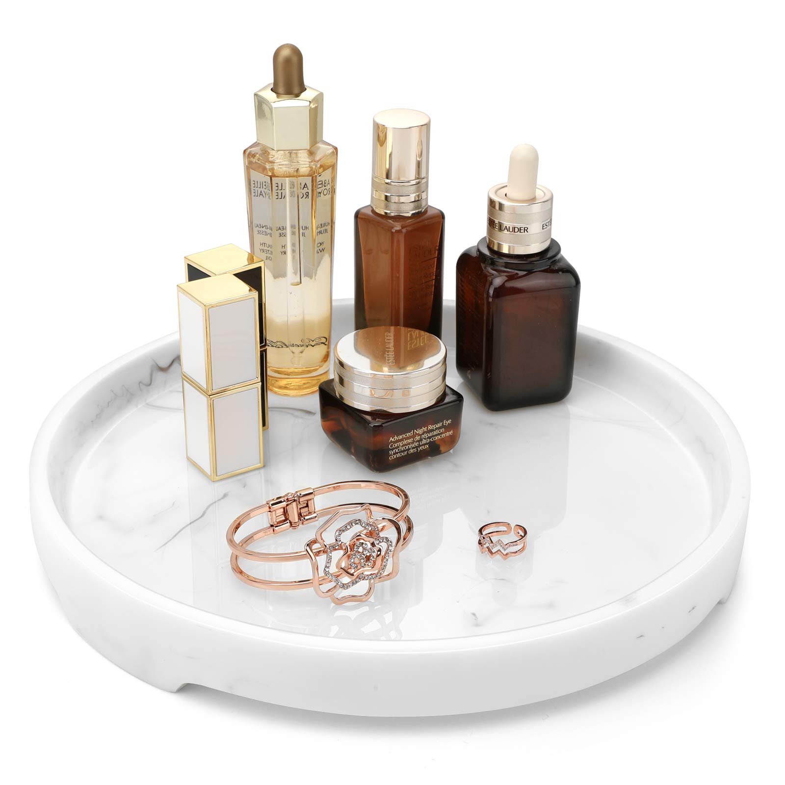 MoKo White Marble Resin Vanity Tray - Round Decorative Tray for Perfume, Jewelry & Cosmetics | Bathroom Countertop, Dresser Top, Bedroom & Kitchen Organizer