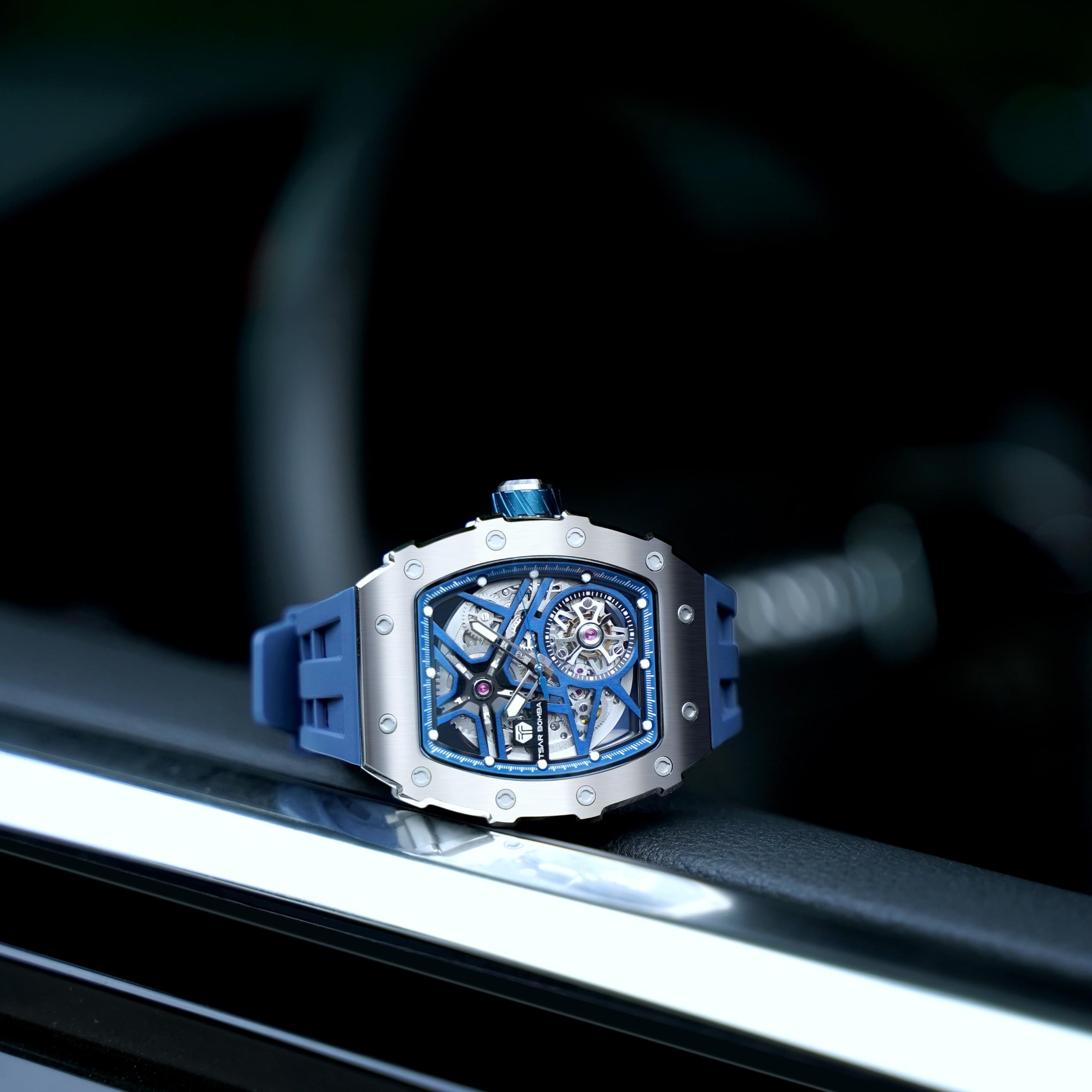 TSAR BOMBA Men's Automatic Skeleton Watch - Luxury Tonneau Design, 50M Waterproof, Silver Square Big Face with Silicone Strap - Perfect for Business, Formal Events & Everyday Wear