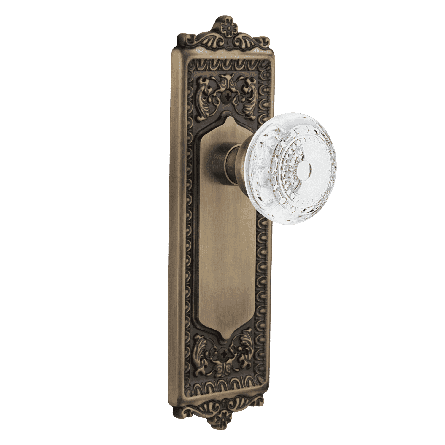 Antique Brass Egg & Dart Long Plate with Crystal Meadows Knob - Elegant Cabinet Hardware for Vintage Kitchen & Bathroom Remodeling