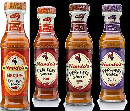 Nando's Peri Peri Sauce 125ml (4.7oz) - Medium, Hot, Extra Hot & Garlic Flavors (Pack of 4) | Authentic Portuguese BBQ, Grilling & Cooking Sauce for Chicken, Seafood & More