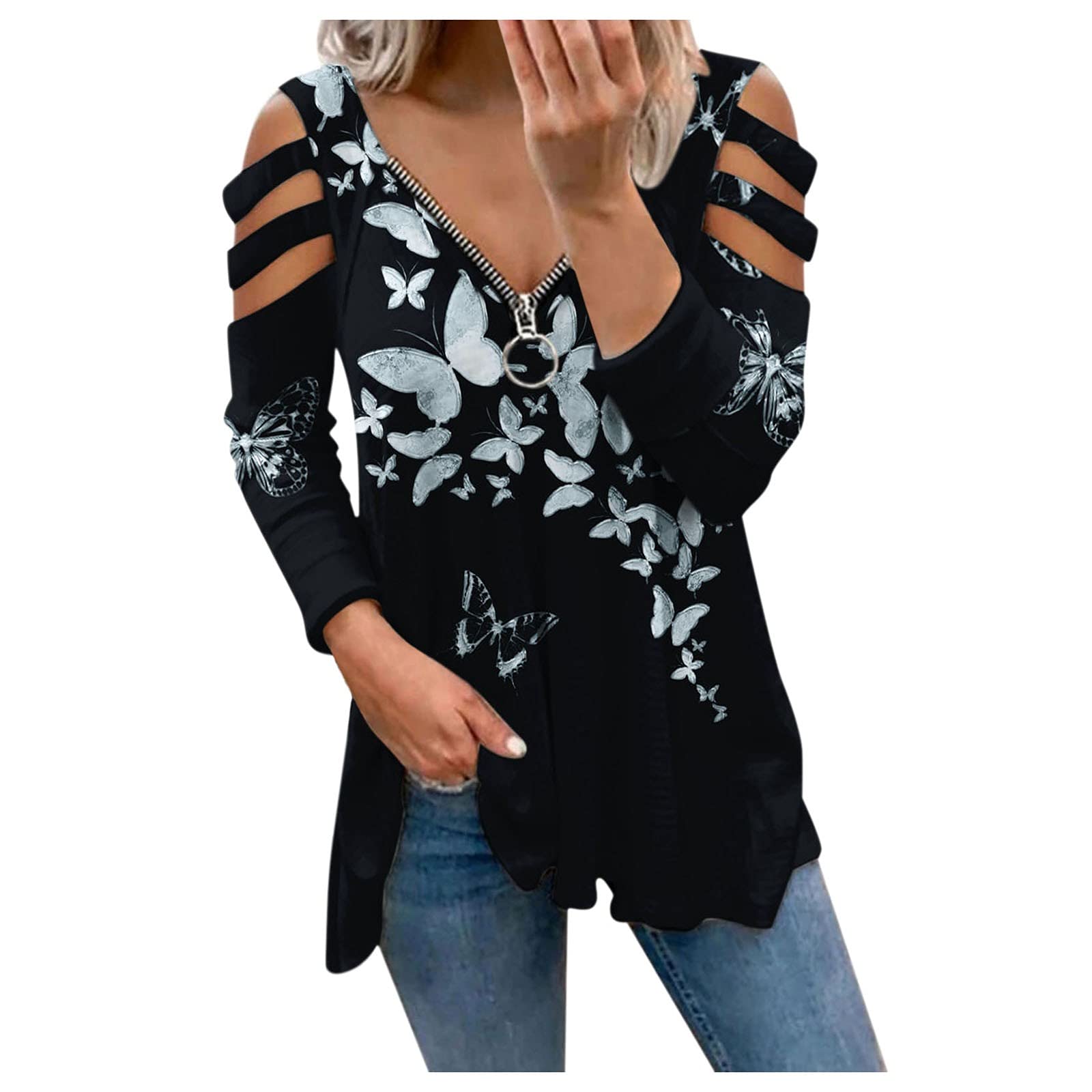 Women's V-Neck Butterfly Sleeve Printed Blouse - Long Sleeve Zipper Tops for Casual Wear & Office Outfits | Flowy Shirts for Women