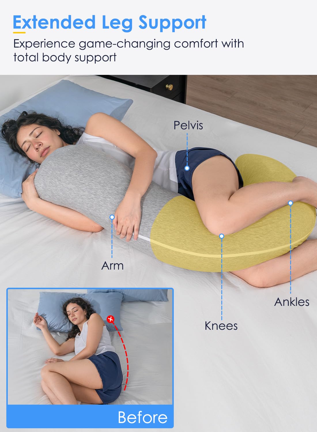 QUEEN ROSE Full Body Support Pillow for Side Sleepers - Cooling S-Shaped Hug Pillow with Removable Cover for Adults, Light Grey | Perfect for Pregnancy Support, Back Pain Relief & Comfortable Sleeping