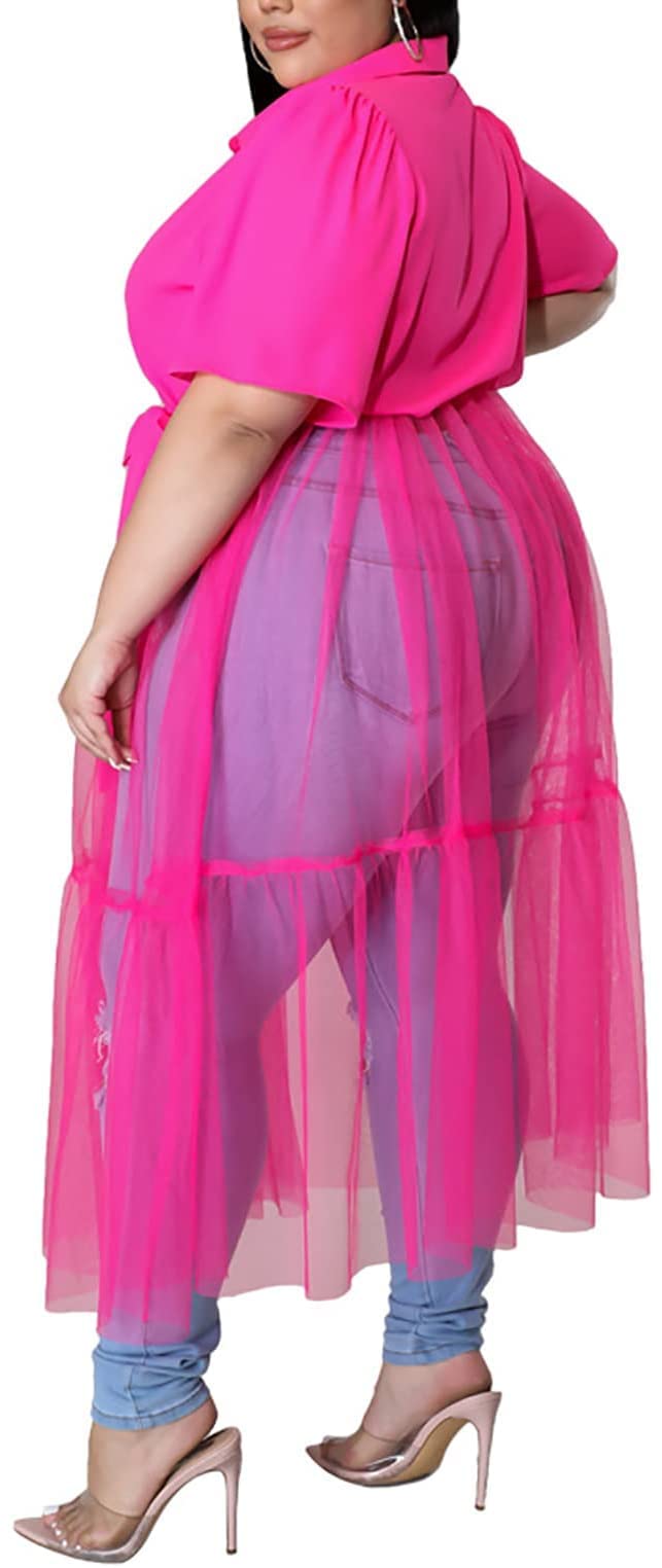 Sunlips Women's Sexy Plus Size Lapel Shirt Dress - Mesh See Through Puff Short Sleeve Flowy Swing Dress for Clubwear, Night Out & Party | Size XL-5XL