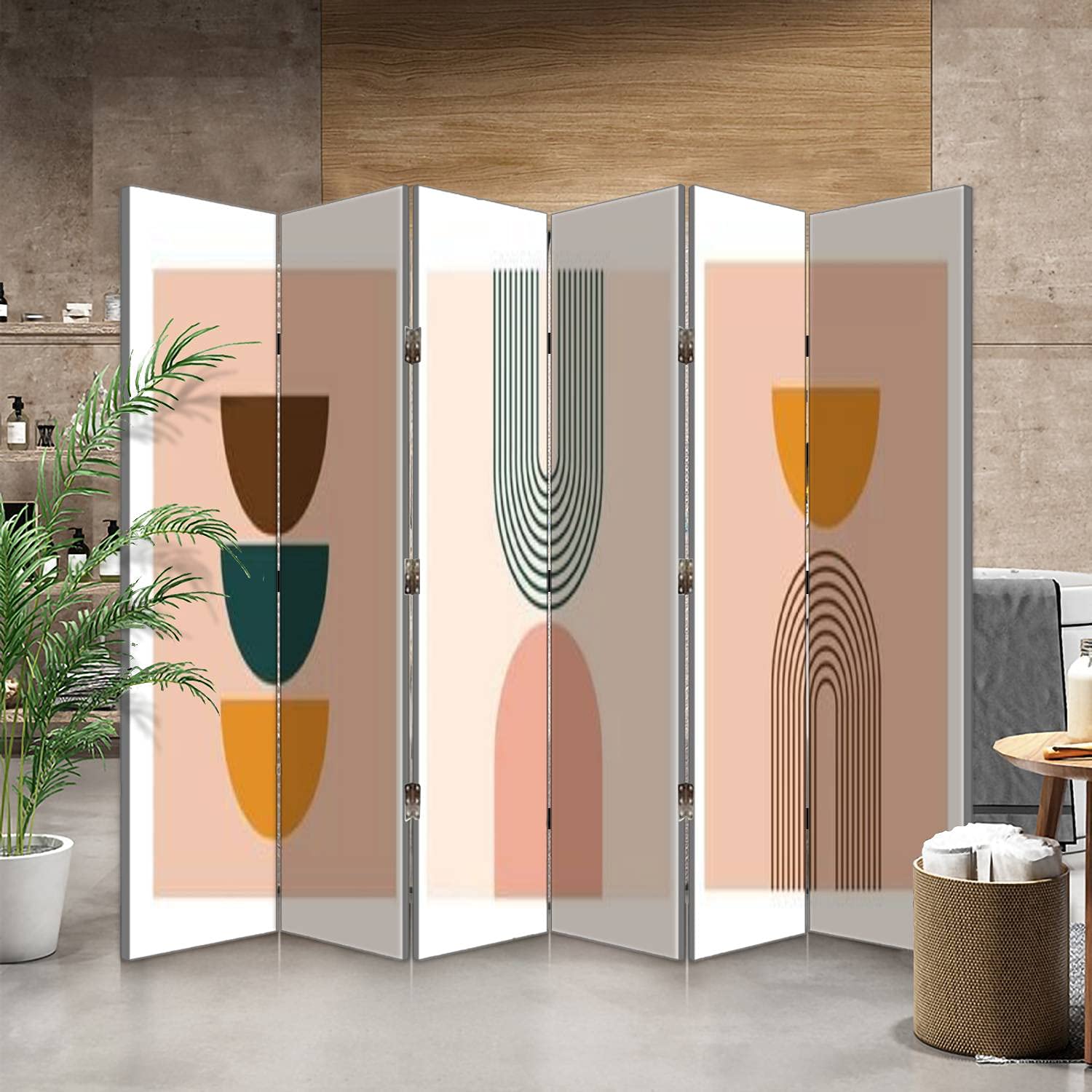 Mid Century Modern Canvas Room Divider Screen - Set of 3 Geometric Art Prints, Neutral Folding Privacy Partition with 6 Panels, Multicolor | Perfect for Home Office, Studio, or Bedroom Space Separation