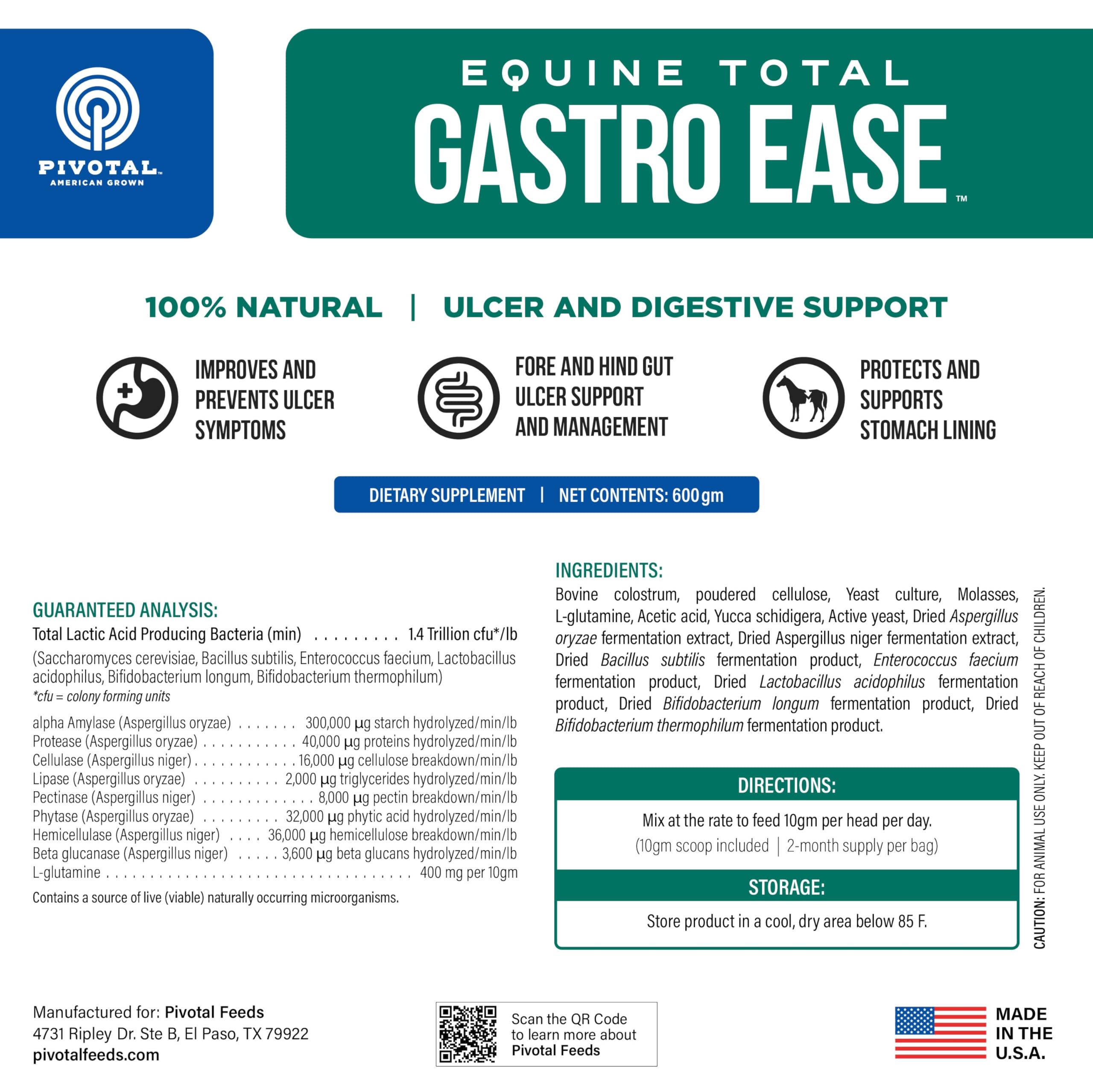 Equine Total Gastro Ease - Natural Horse Ulcer & Digestive Supplement with Bovine Colostrum - Prevents Gastric Ulcers & Soothes Digestive System - Calming Aid for Horses - 100% All-Natural Made in USA - Perfect for Show Horses, Racehorses & Stressed Equines