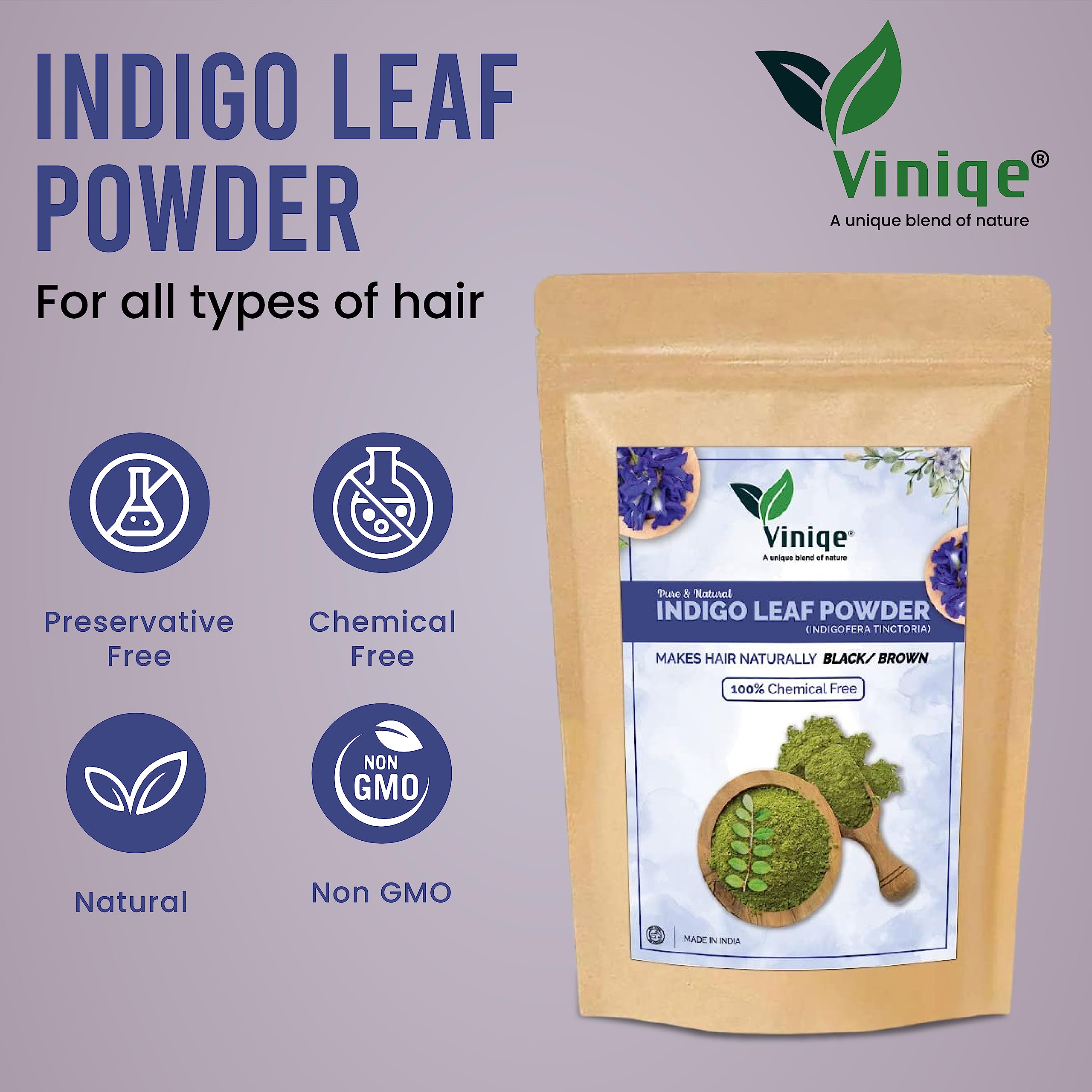 Viniqe Indigo Leaf Powder - 100% Pure Natural Hair Dye for Black & Brown Hair | Vegan, Cruelty-Free, No Preservatives | Promotes Hair Growth & Care | Safe for Men & Women (100g) | Perfect for DIY Hair Coloring, Beard Dye & Natural Hair Treatment at Home