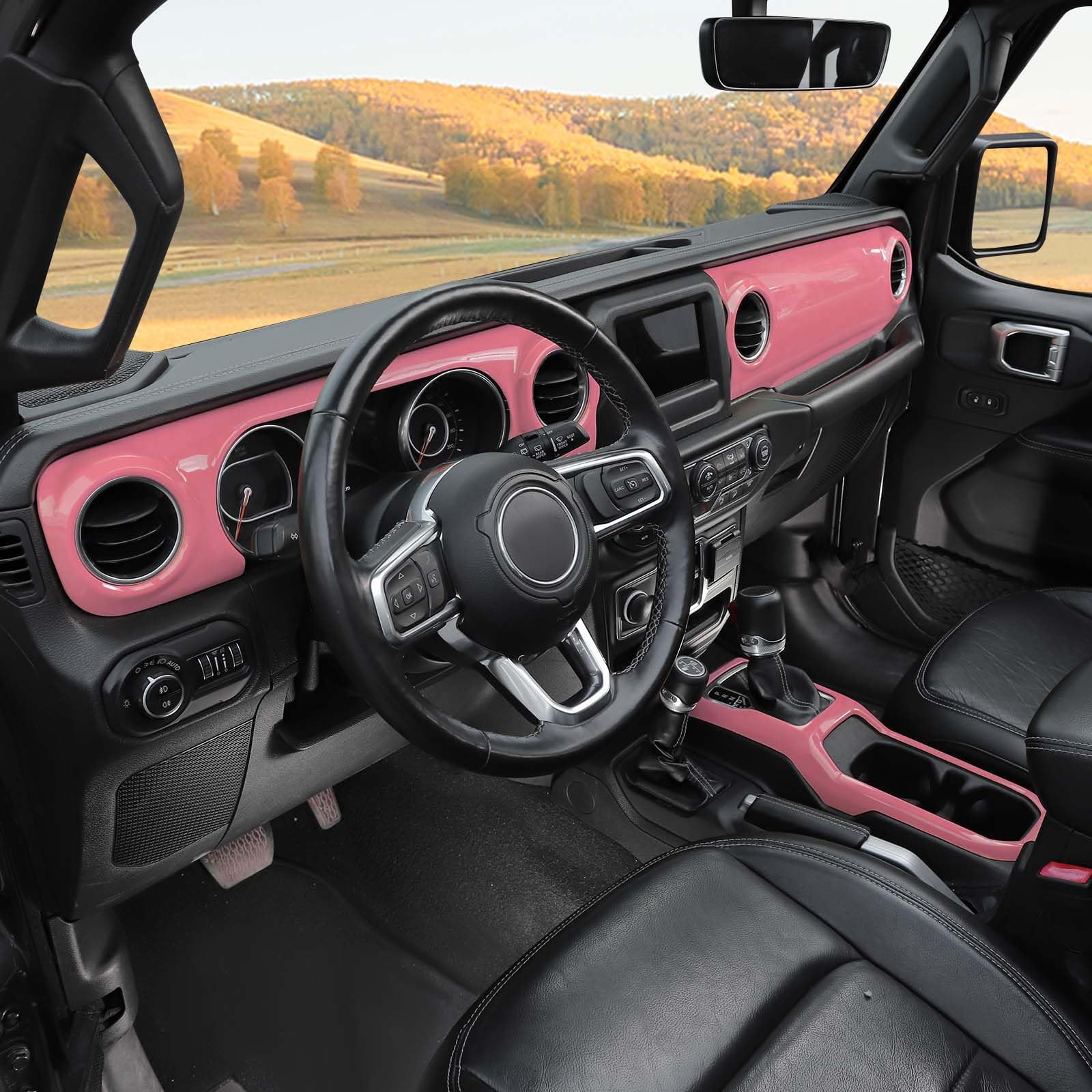 RT-TCZ Pink Dash Trim Cover & Gear Shift Panel Frame for Jeep Wrangler JL/JLU/Gladiator JT (2018-2023) - 3pc Interior Accessories for Stylish Customization & Off-Road Protection