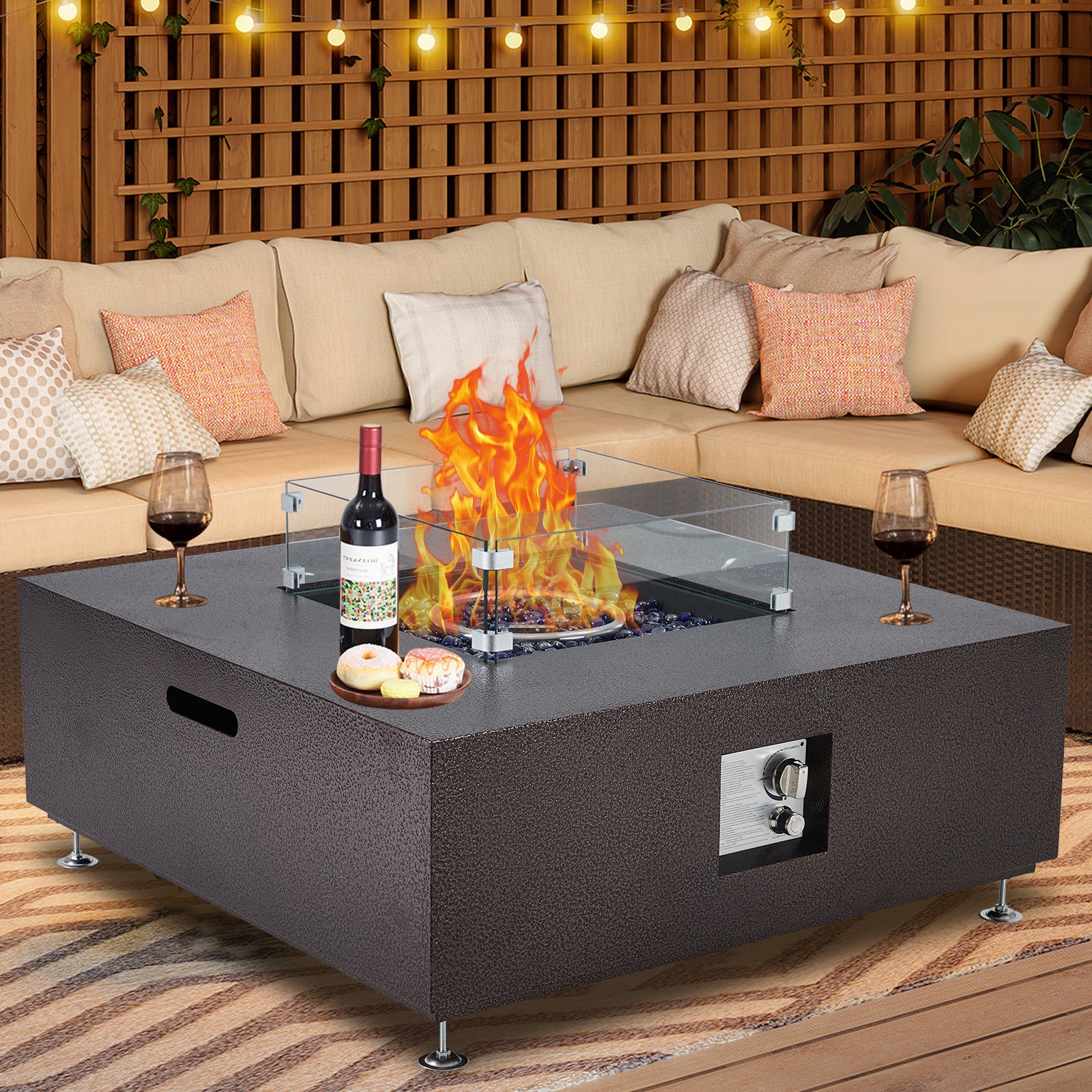 GARVEE 36-Inch 50,000 BTU Propane Fire Pit Table with Wind Guard - 11lbs Fire Glass Beads, Weatherproof Rain Cover, Durable Steel Rust-Resistant Finish - CSA Certified Bronze Patio Heater for Outdoor Backyard, Deck, Garden, and Camping