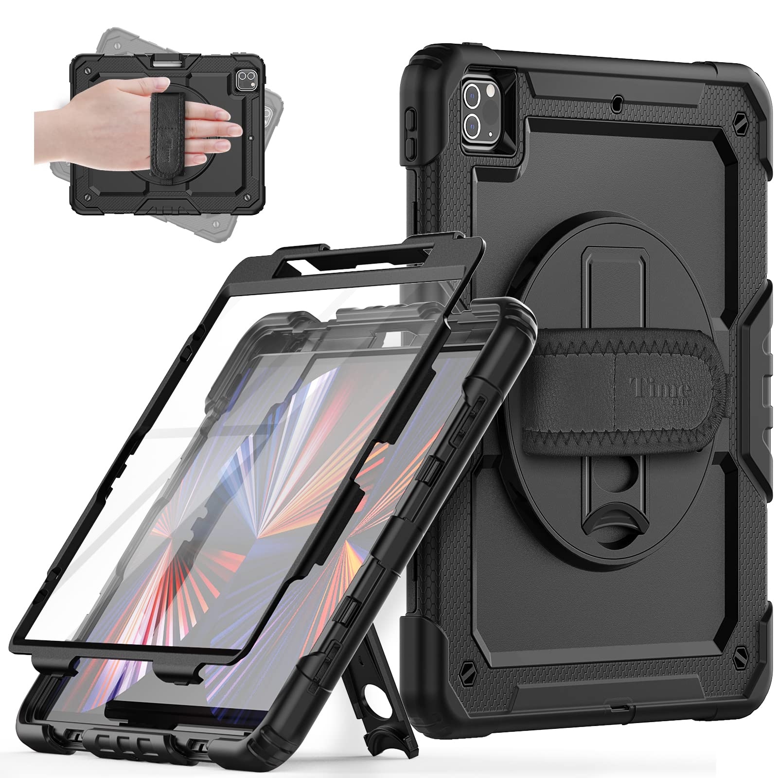 Timecity Protective Case for iPad Pro 12.9 (6th/5th/4th/3rd Gen 2022-2018) with Screen Protector, Rotating Stand & Hand/Shoulder Strap - Supports Apple Pencil 2 Charging - Black | Perfect for Work, Travel & Home Use