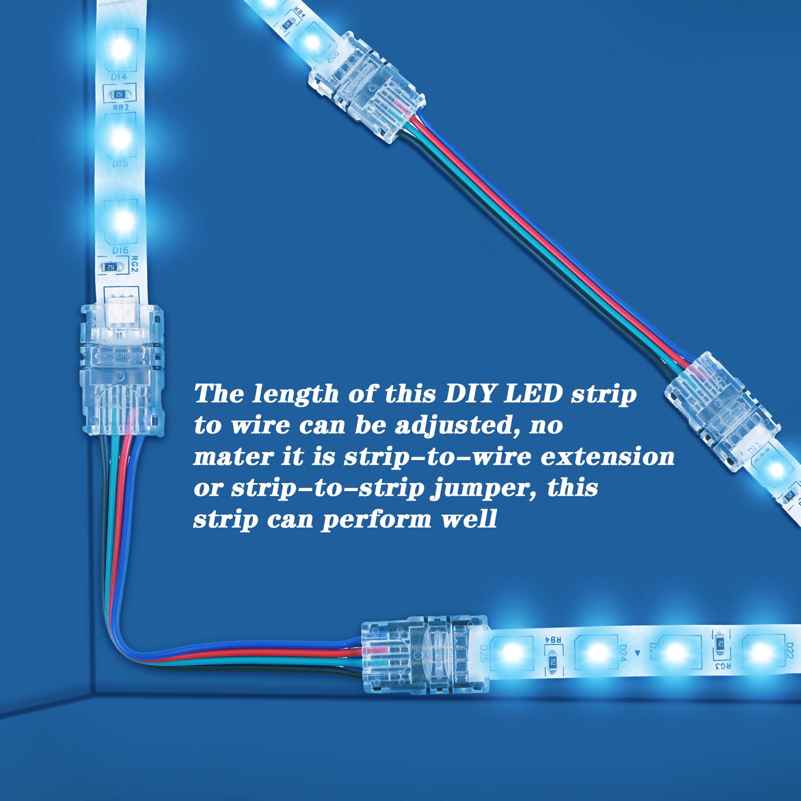 20-Pack 4-Pin Waterproof LED Strip Connectors for 10mm RGB 5050 LED Lights - Includes 2x 16.4ft Extension Cables - Perfect for Home Theater Lighting, Under Cabinet LED Strips, and DIY Lighting Projects