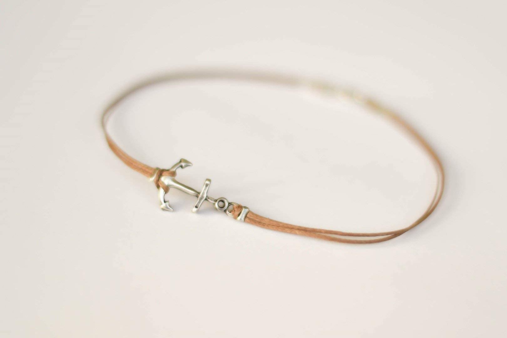 Men's Anchor Anklet - Silver Plated Anchor & Brown Cotton Cord Ankle Bracelet - Custom Nautical Gift for Him - Perfect for Skippers, Surfers, and Ocean Lovers