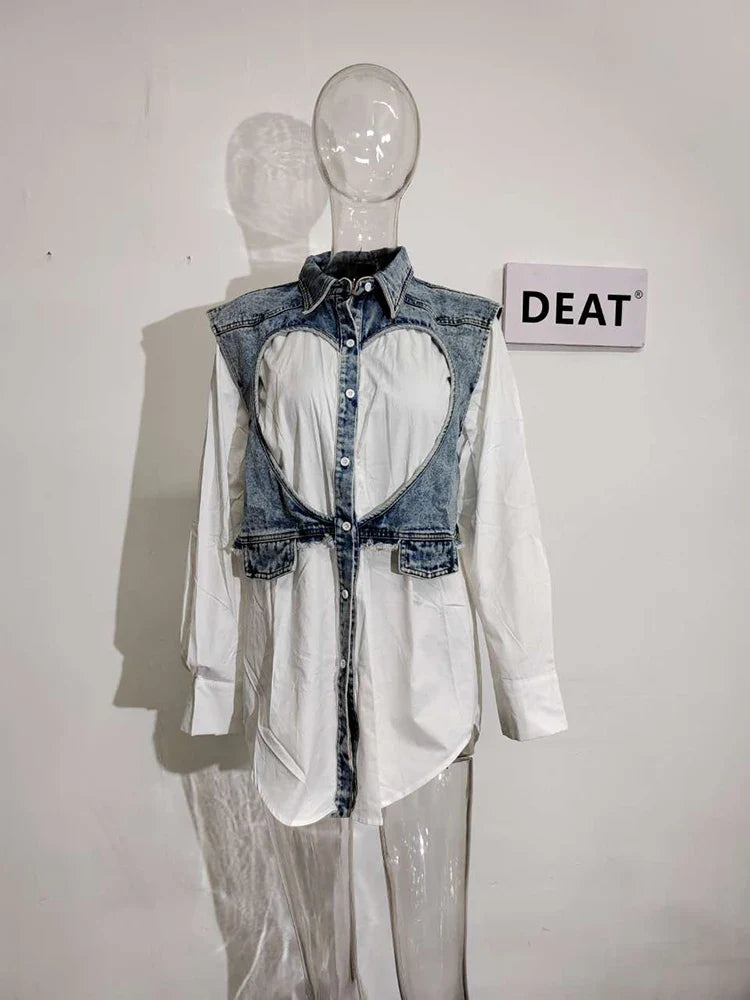 DEAT Fashion Women's Denim Shirt - Lapel Loose Fit Hollow Out Design Single Breasted Blouse with Denim Splice Fake Two Piece Look | Summer Casual Wear for Outings, Work & Date Nights