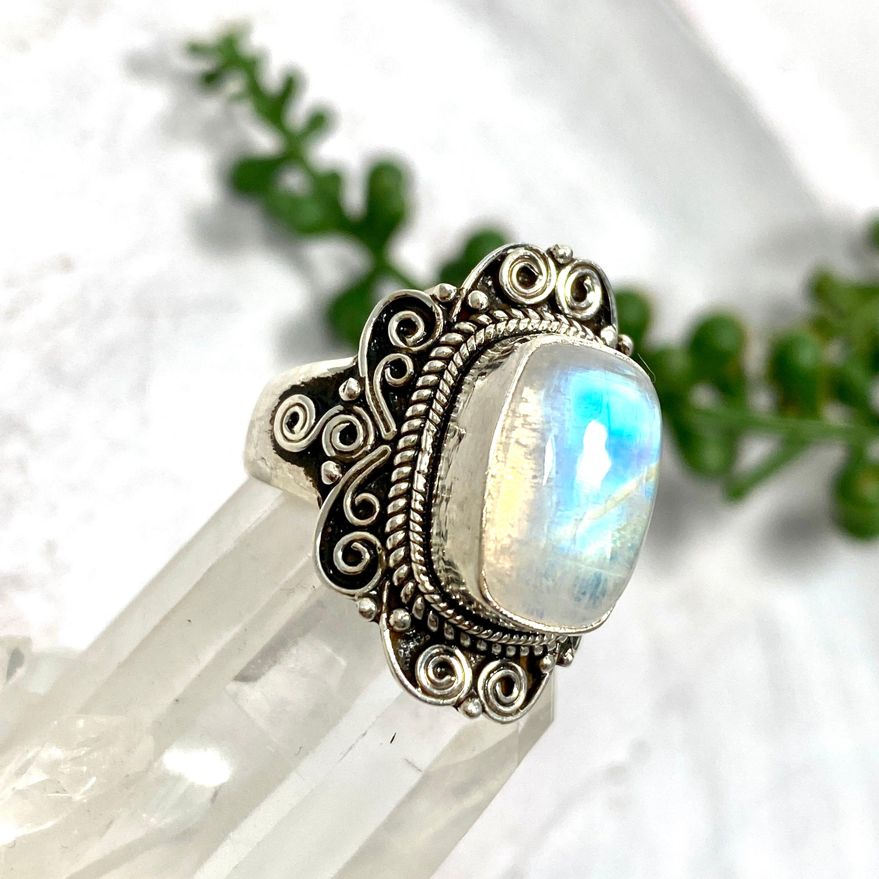 Boho Style Moonstone Rectangular Ring for Women - Size 8 - KRGJ2776 - Perfect for Casual Wear, Parties & Boho Fashion Accessories