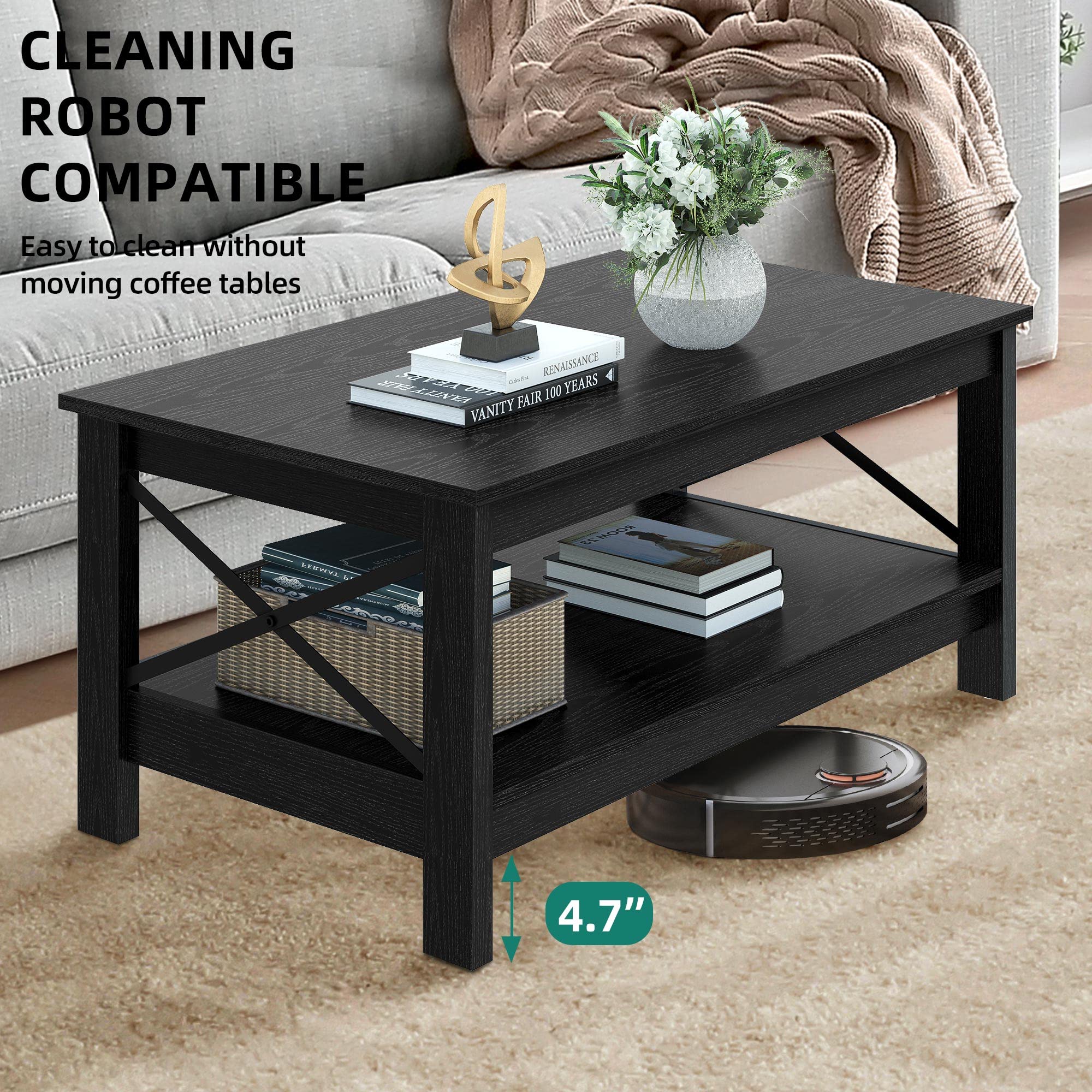 Modern Farmhouse Coffee Table with Storage - 2-Tier Wooden Center Table for Living Room, Sturdy Black Cocktail Accent Table | Perfect for Small Spaces, Home Decor & Entertaining Guests