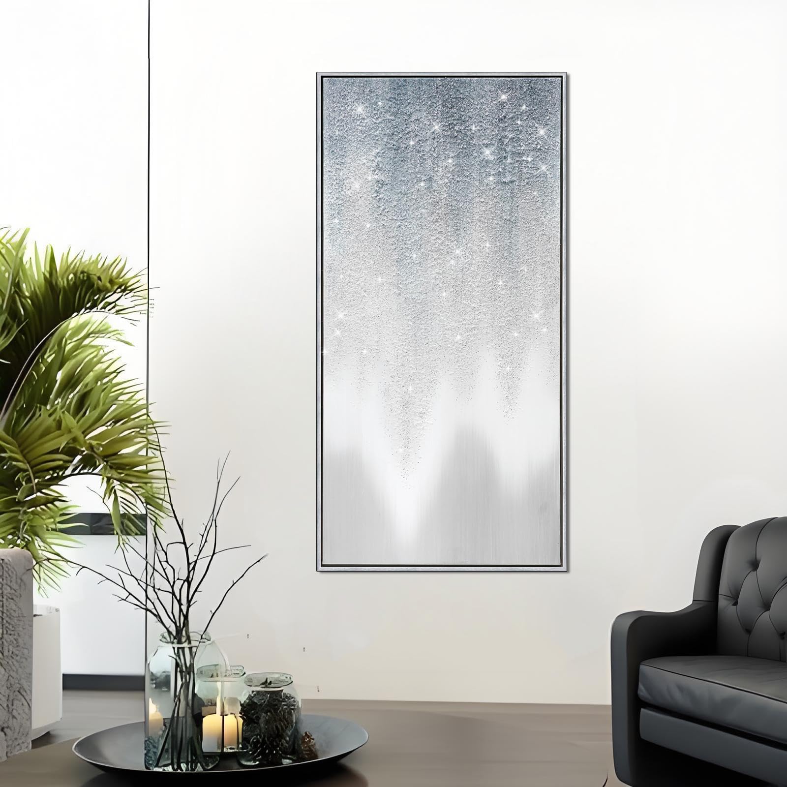 Hand Painted Silver Abstract Oil Painting on Canvas - Gray Gradient Wall Art with Sand Texture & Glitter Accents - 40x20 Inch Large Vertical Modern Decor for Living Room & Bedroom - Perfect for Contemporary Home & Office Spaces