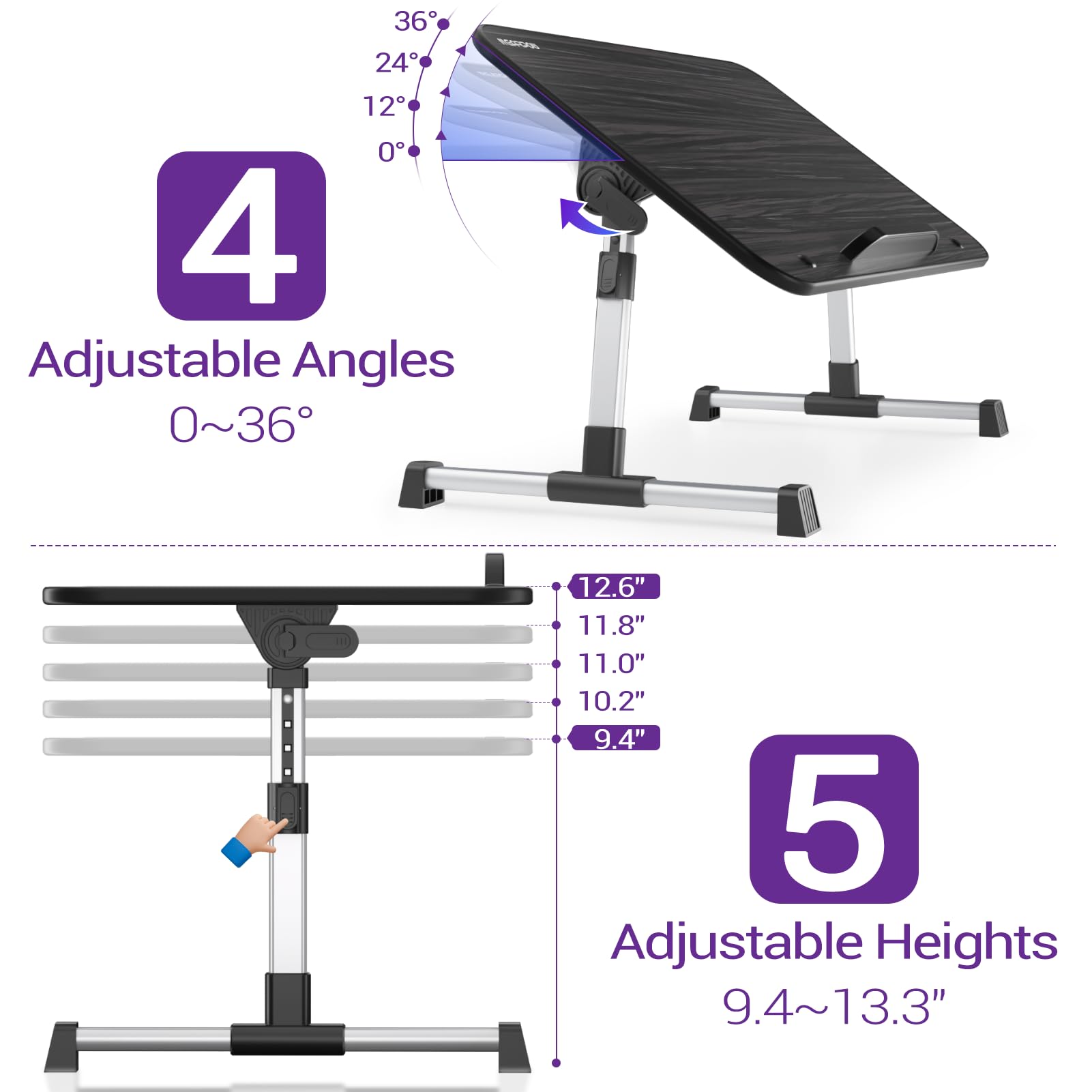 NEARPOW Adjustable Laptop Table for Bed - Portable Foldable Lap Desk with Height & Angle Adjustment, Laptop Stand for Bed/Sofa/Couch/Floor Use - Perfect for Work, Study, Gaming & Writing in Bed or Living Room