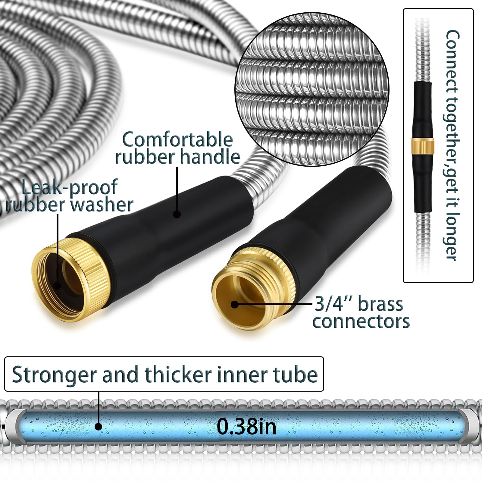 50FT Heavy Duty Stainless Steel Garden Hose - Rust-Proof, Anti-Puncture, Kink-Free & Lightweight with 8-Function Spray Nozzle for Lawn, Yard & Outdoor Watering | Perfect for Gardening, Car Washing & Patio Cleaning
