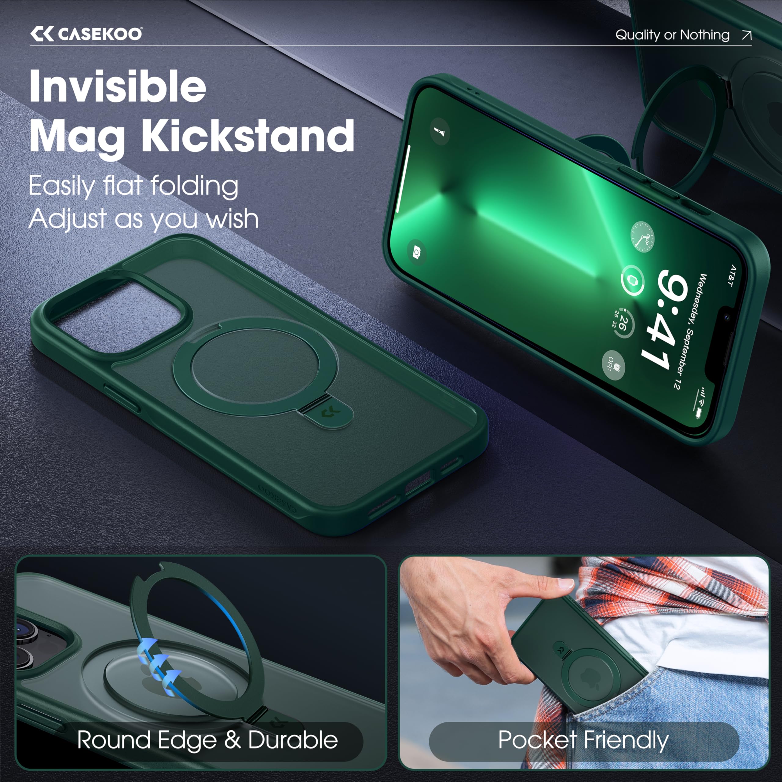 CASEKOO Magnetic iPhone 13 Pro Max Case (6.7 Inch 2021) - Military Drop Protection, Shockproof Matte Finish, Invisible Stand & MagSafe Compatible - Perfect for Work, Travel & Everyday Use (Green)