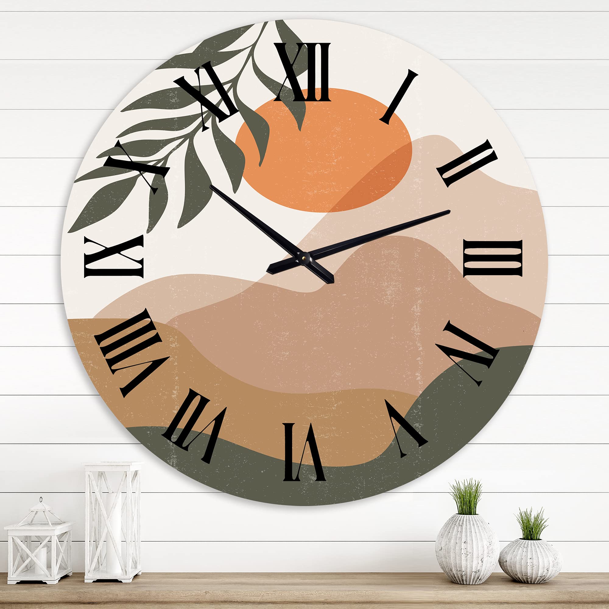 Abstract Red Moon in Earth Toned Mountains Wall Clock - Modern Large Floral Botanical Decor for Living Room, Bedroom & Office | Silent Non-Ticking Home Décor