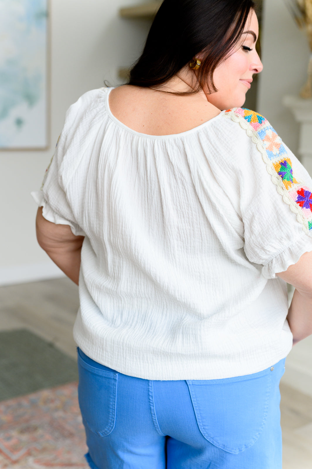 Don't You Forget About Me Crinkle Knit Blouse - Women's Vintage Inspired Ruffled Top for Casual Wear & Date Nights
