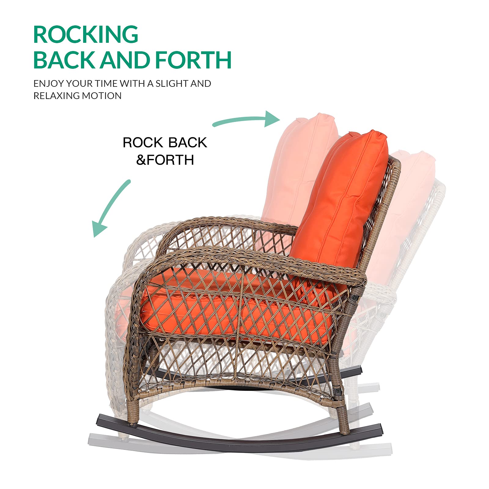VIVIJASON All-Weather Outdoor Wicker Rocking Chair with Cushions - Patio Rattan Rocker Chair with Durable Steel Frame - Comfortable Garden Backyard Porch Furniture for Relaxing (Orange) - Perfect for Sunbathing, Reading & Enjoying Morning Coffee