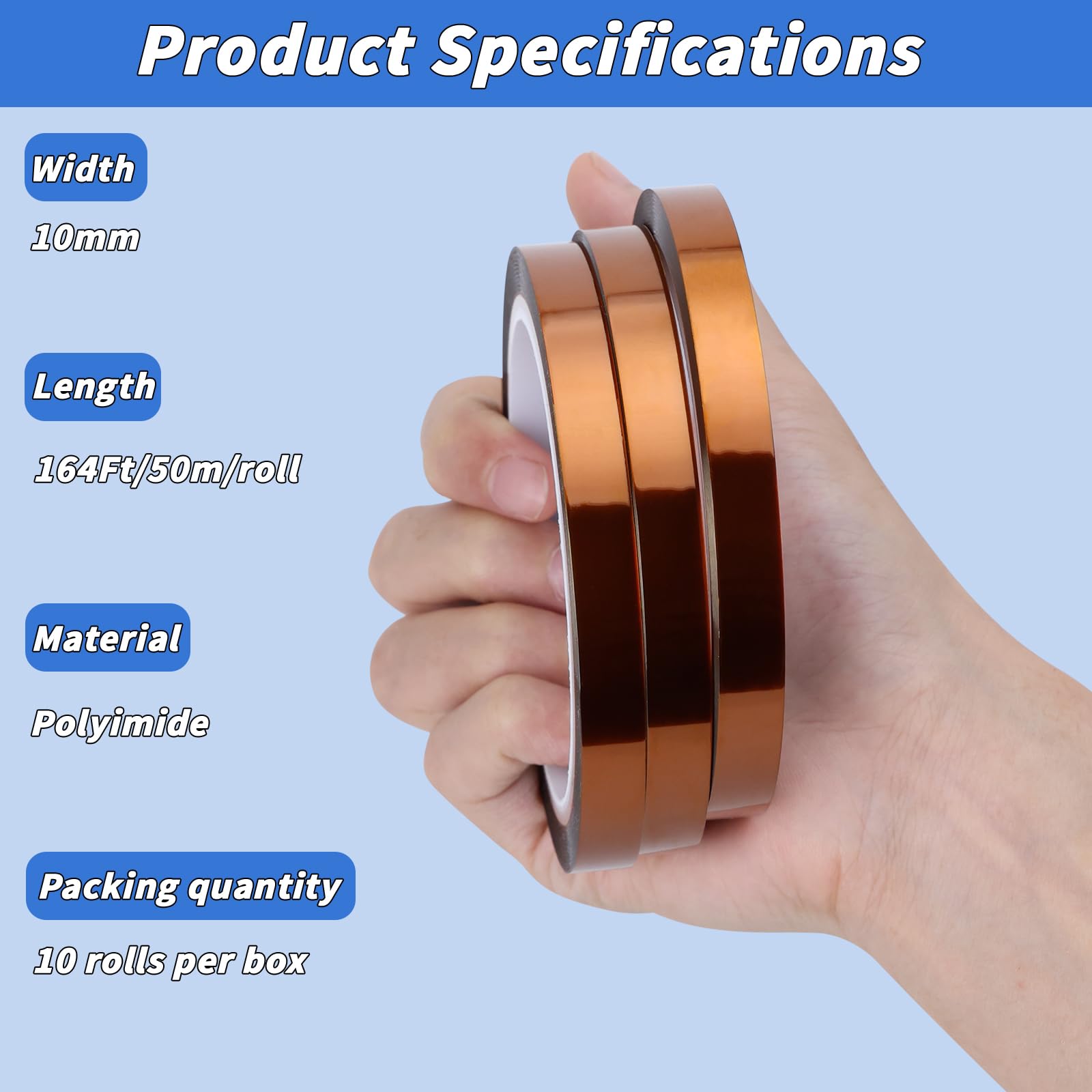 10 Rolls 10mm x 50m (164ft) Heat Resistant Sublimation Tape - No Residue Heat Transfer Tape for T-Shirt Press, Electronic Soldering & Insulation | Perfect for DIY Crafts, Apparel Printing & Electronics Projects