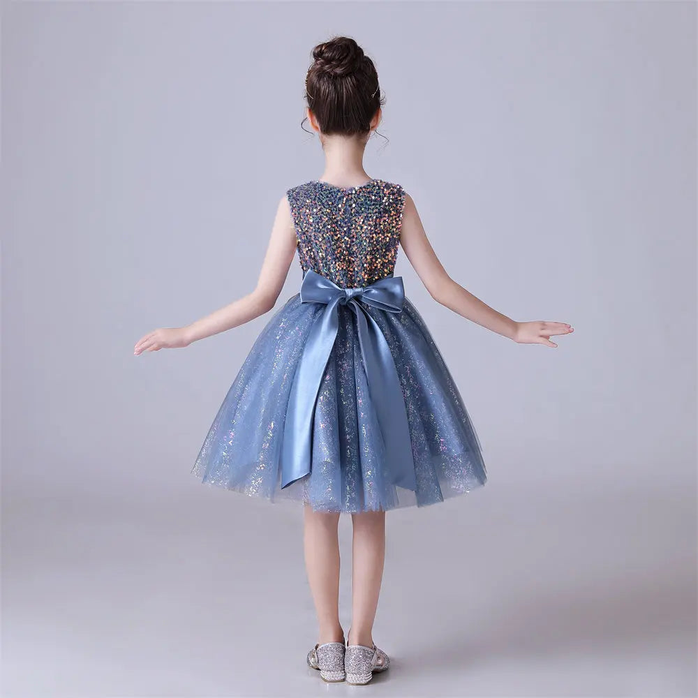 Adorable Sleeveless Flower Girl Dress in Blue Tulle with Sequin Embellishments - Perfect for Weddings, Baptisms & Special Occasions