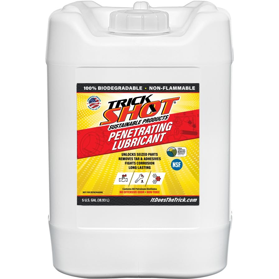 Trick Shot - 3 in 1 Penetrating Lubricant Oil - Non-Toxic, Non-Flammable & Eco-Friendly Food Grade Industrial Oil Spray - Biodegradable Anti-Seize Lubricant for Rust Protection, Degreasing & Cleaning - 5 Gallons - Perfect for Automotive, Marine, Industrial & Household Maintenance