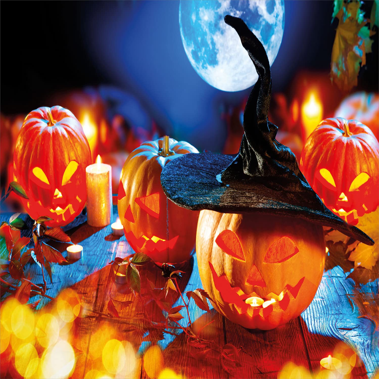Ambesonne Halloween Duvet Cover Set - Scary Pumpkin & Candle Design with Full Moon - 2-Pack California King Size Bedding (2 Duvet Covers + 4 Pillowcases) in Burnt Orange & Night Blue - Spooky Bedroom Decor for Halloween Party & Themed Room