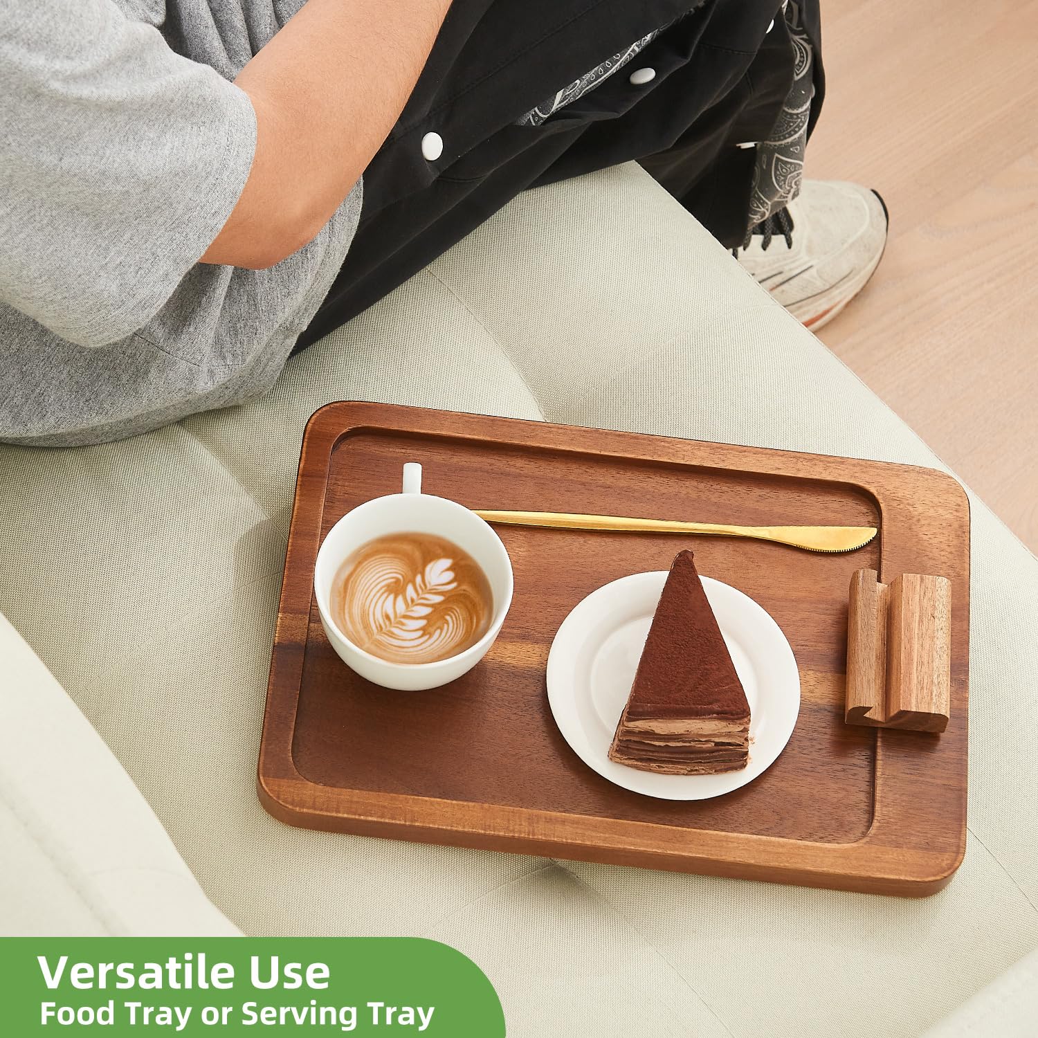Foldable Acacia Wood Couch Arm Table with Phone Holder - Portable Tray for Eating & Drinks on Wide Couches