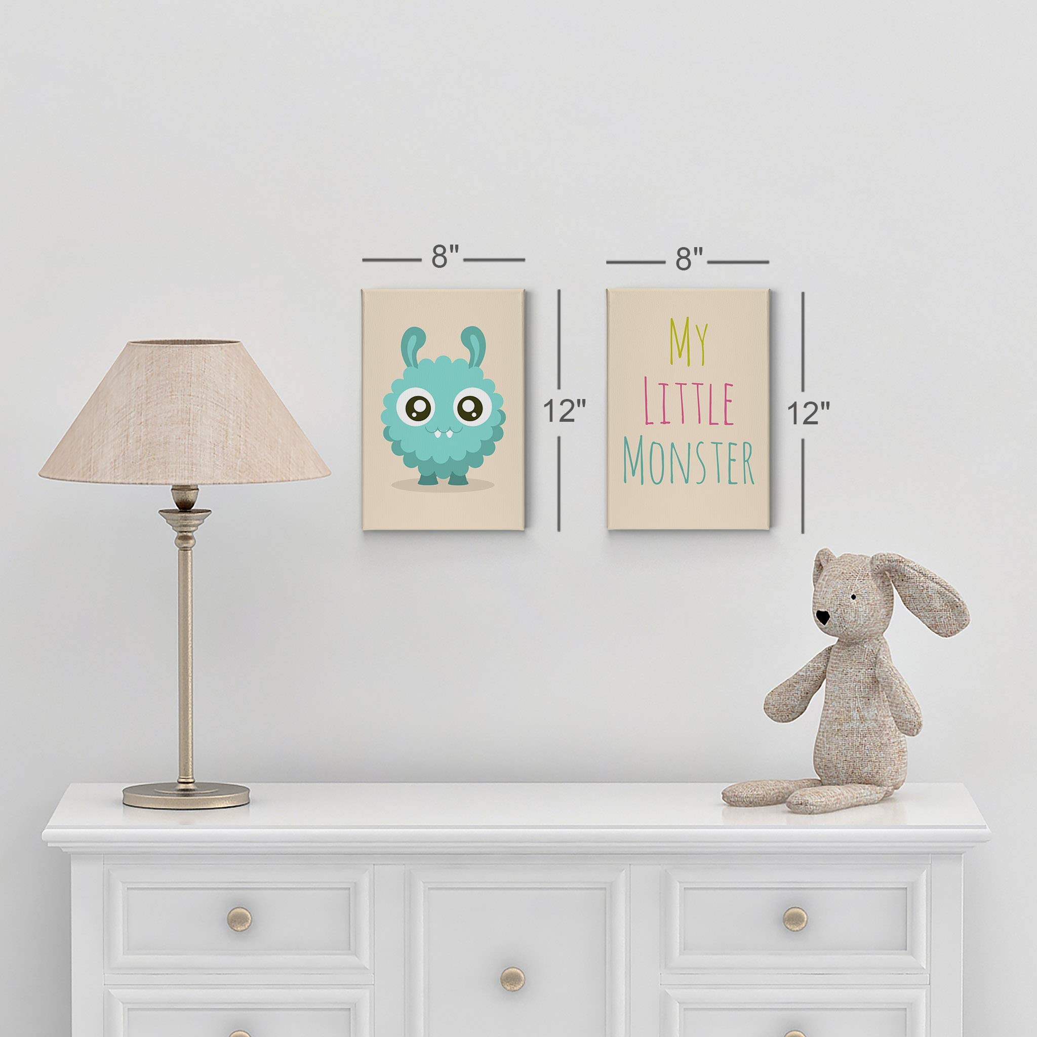 Smile Art Design - 2 Piece Canvas Print Set with Lovely Blue My Little Monster Lettering on Cream Background | Kids Room Decor, Wall Art for Baby Boy & Girl Nursery | Ready to Hang, Made in USA (40x30 inches) - Perfect for Children's Bedrooms, Playrooms & Birthday Gifts