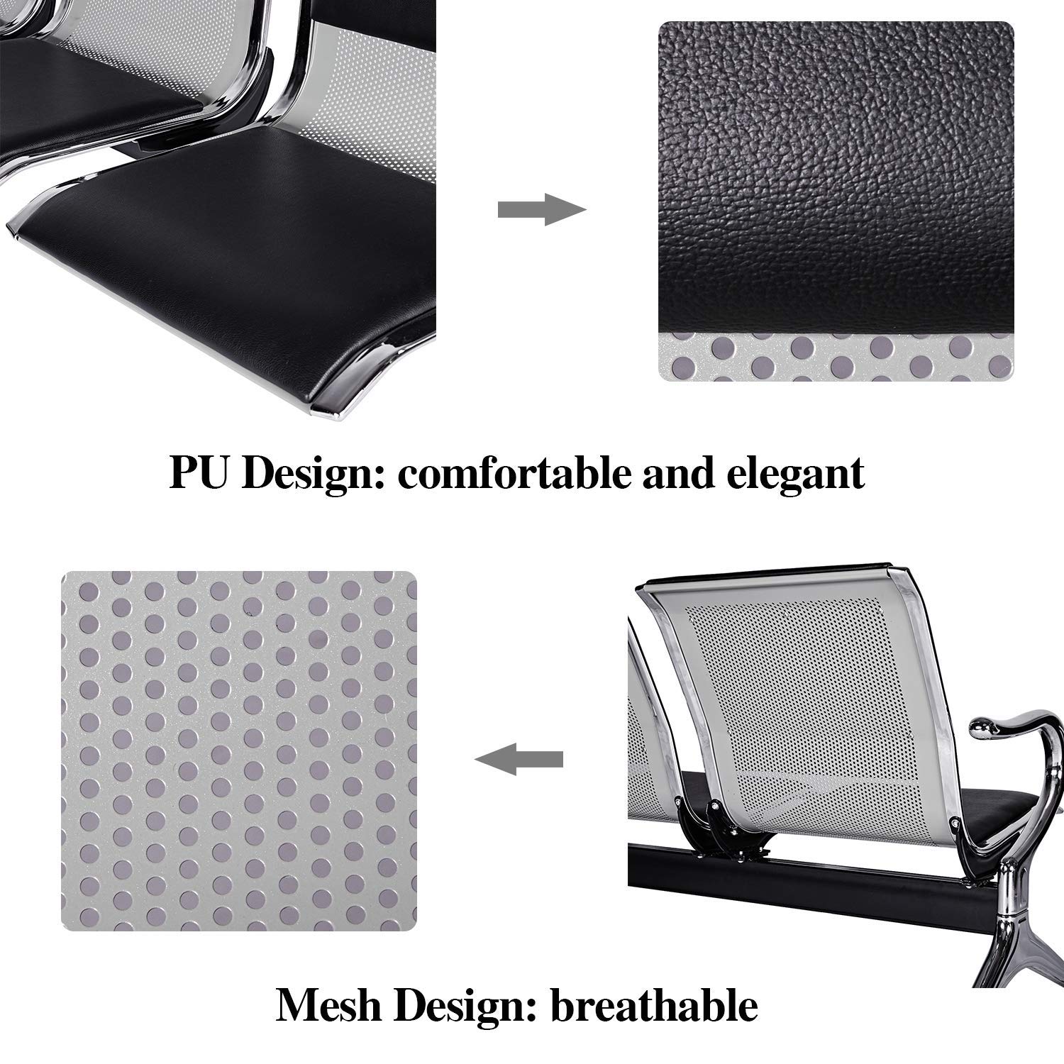 Premium PU Leather Waiting Room Chairs - 3-Seat Reception Sofa for Airport, Office, Bank & Hospital - Modern Black & Silver Guest Seating - Perfect for Lobbies, Waiting Areas & Public Spaces