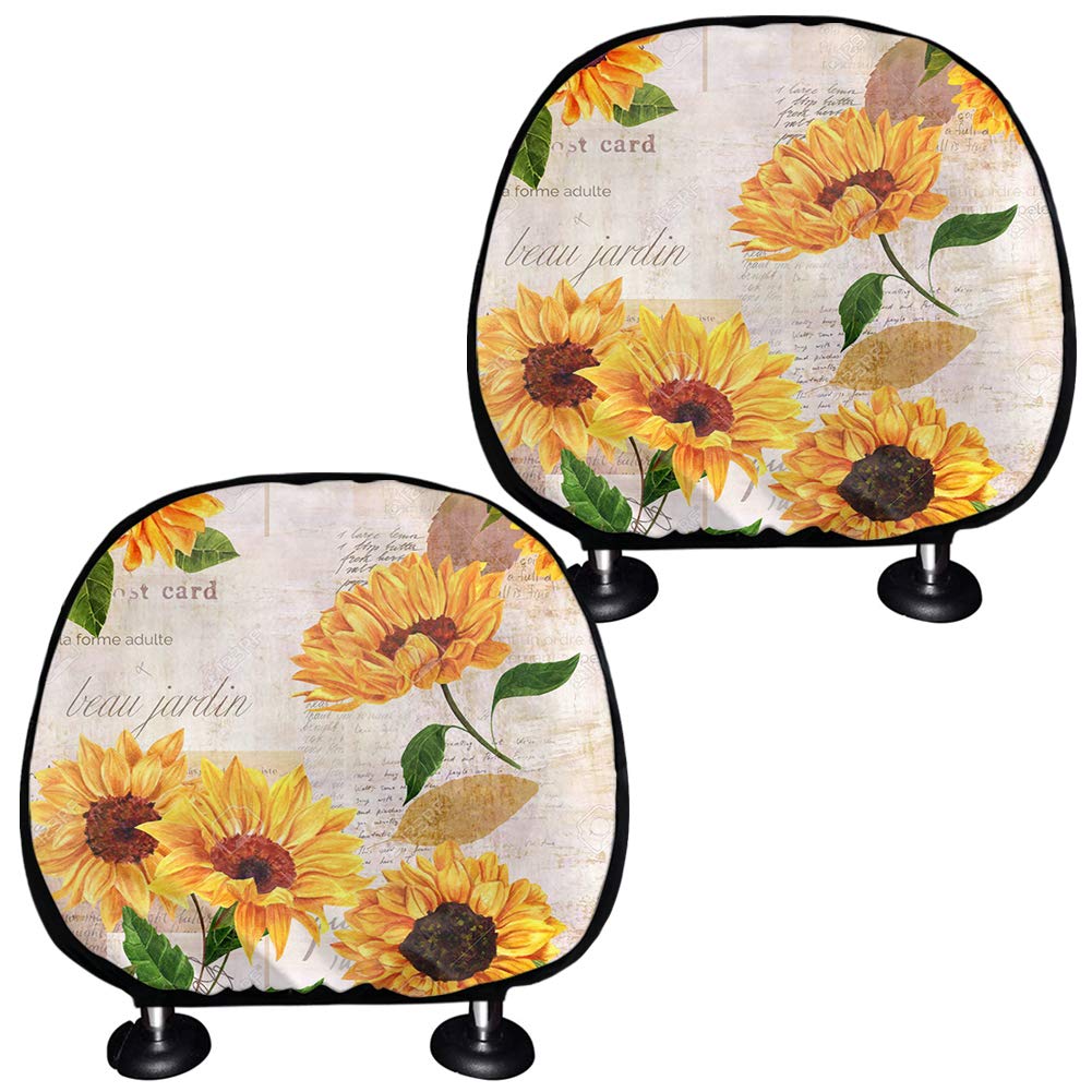 Dreaweet Sunflower Print Car Seat Headrest Covers - 4PCS Universal Front Seat Headrest Protectors for Women - Stylish Floral Auto Accessories for Comfort & Protection - Perfect for Daily Commute, Road Trips & Gift Giving