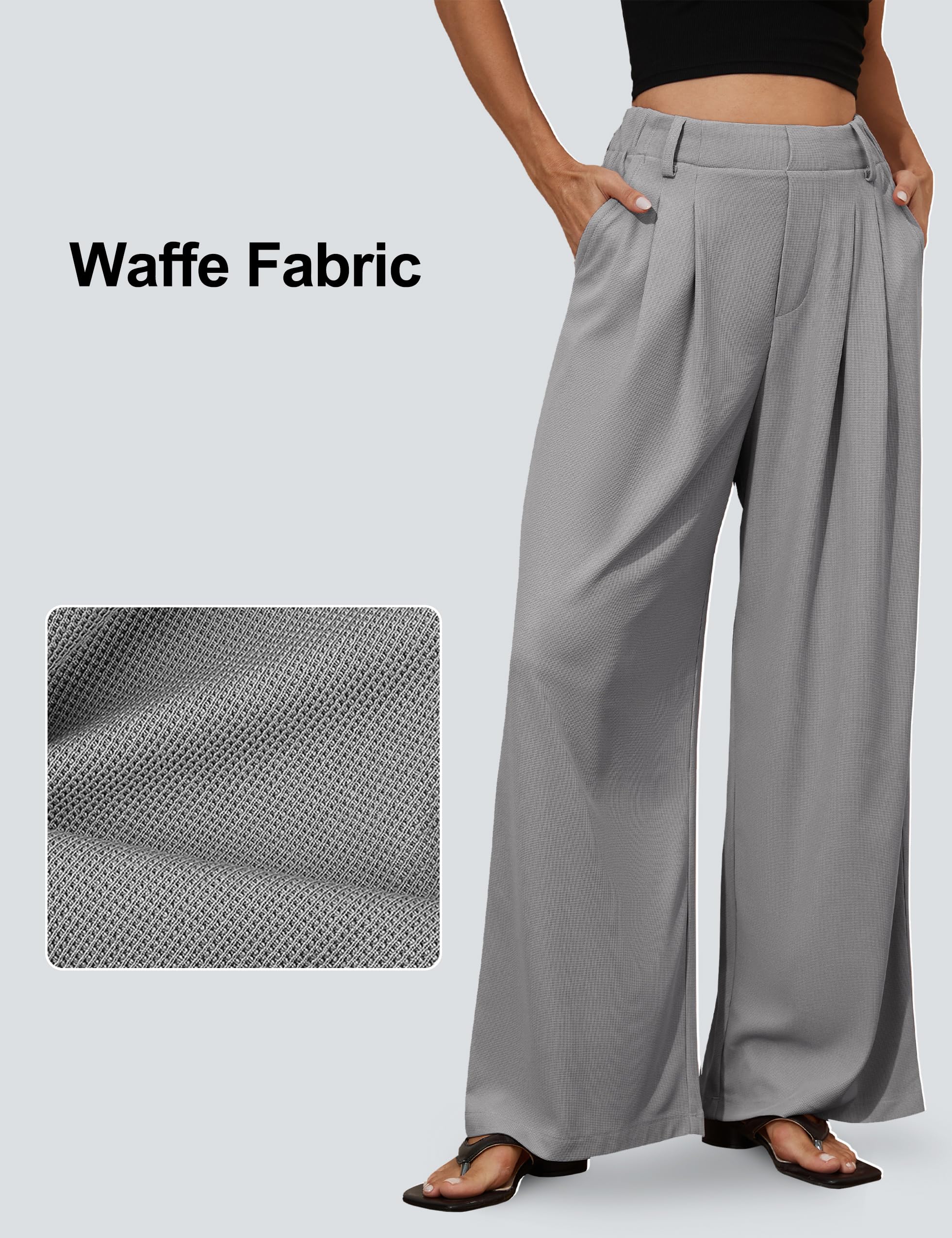 PrettyGuide Women's Wide Leg Dress Pants - Elastic High Waisted Waffle Knit Work Pants with Pockets | Comfortable Palazzo Trousers for Office, Business Casual & Everyday Wear