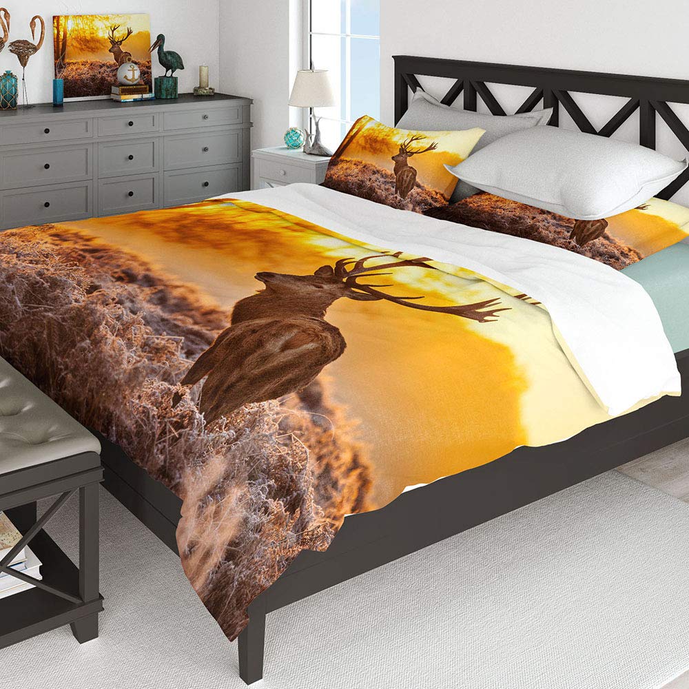 Antler Bedding Sets Full Size - 3 Piece Peachful Sunset Wildlife Deer Duvet Cover with Pillowcases for Teens, Boys & Girls Bedroom Decor | Soft & Cozy No Comforter Included | Perfect for Nature-Themed Kids Rooms & Cabin Retreats