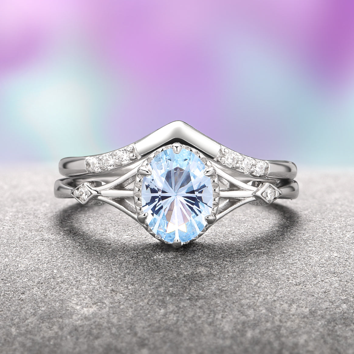 Celtic Aquamarine Ring Set - Sterling Silver Fantasy Cut Jewelry for Women, Elegant Wedding & Engagement Gift, Perfect for Celtic & Boho Fashion Lovers
