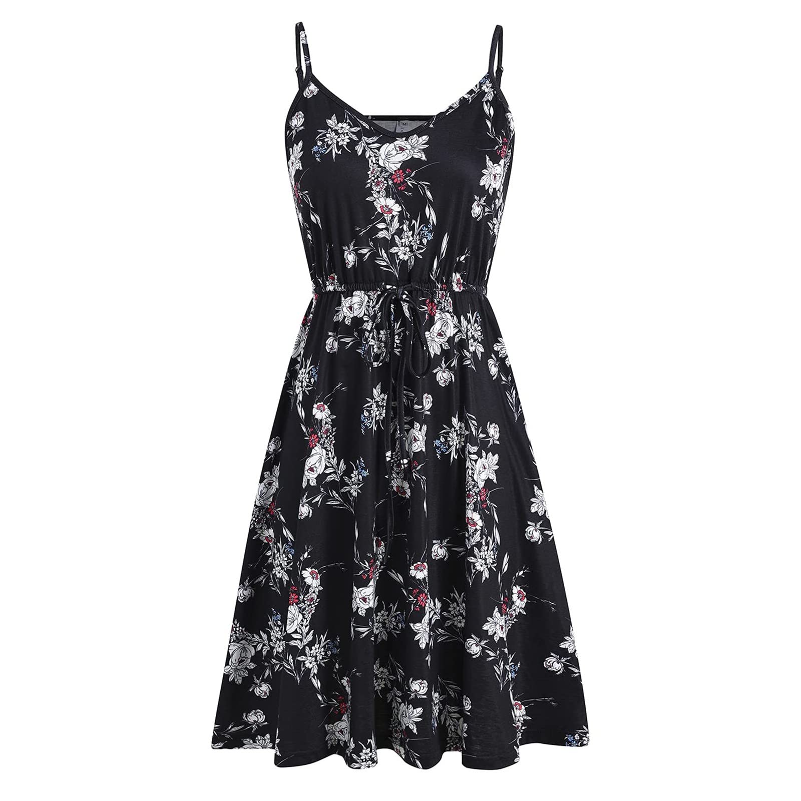 Elegant Women's Summer Sleeveless Spaghetti Strap Sundress - Adjustable Waist Cotton Casual Dress for Wedding Guest, Beach Vacation & Daily Wear (Black, Size L)