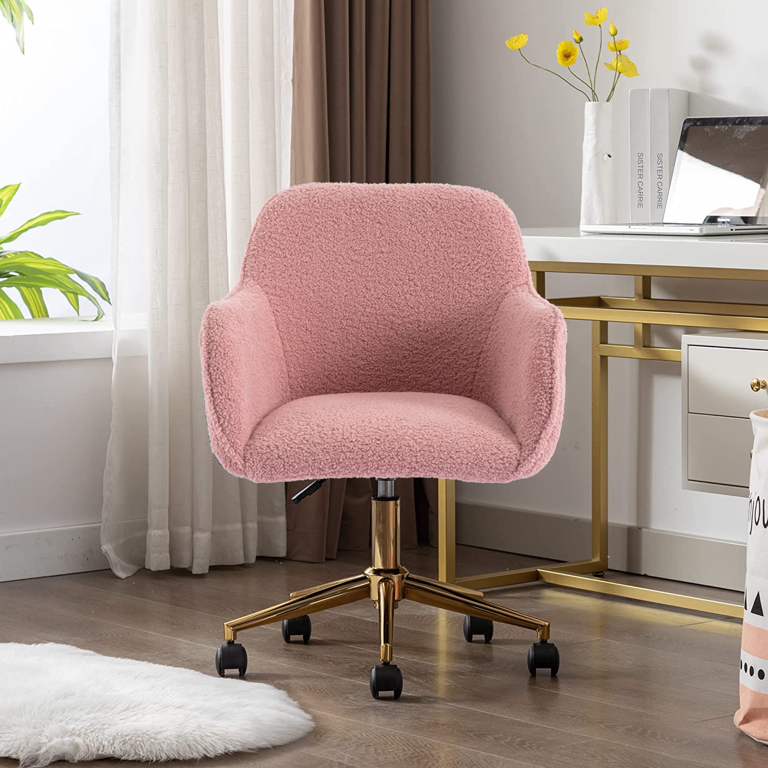Luxury Faux Fur Swivel Office & Home Desk Chair - Modern Tufted Seat with Golden Base, Elegant Vanity & Kids Task Chair in Pink - Perfect for Home Office, Bedroom & Study Room