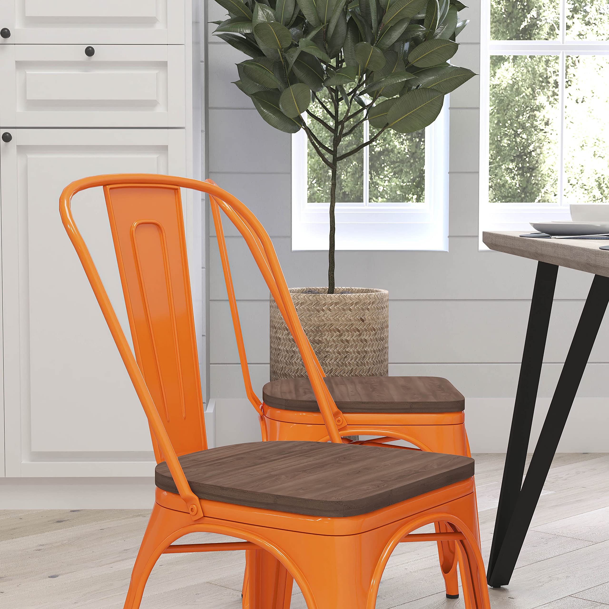 Merrick Lane Amsterdam Metal Chair - Orange Textured Wooden Seat Dining Chair with Slatted Curved Back - Perfect for Kitchen, Dining Room & Outdoor Patio Furniture