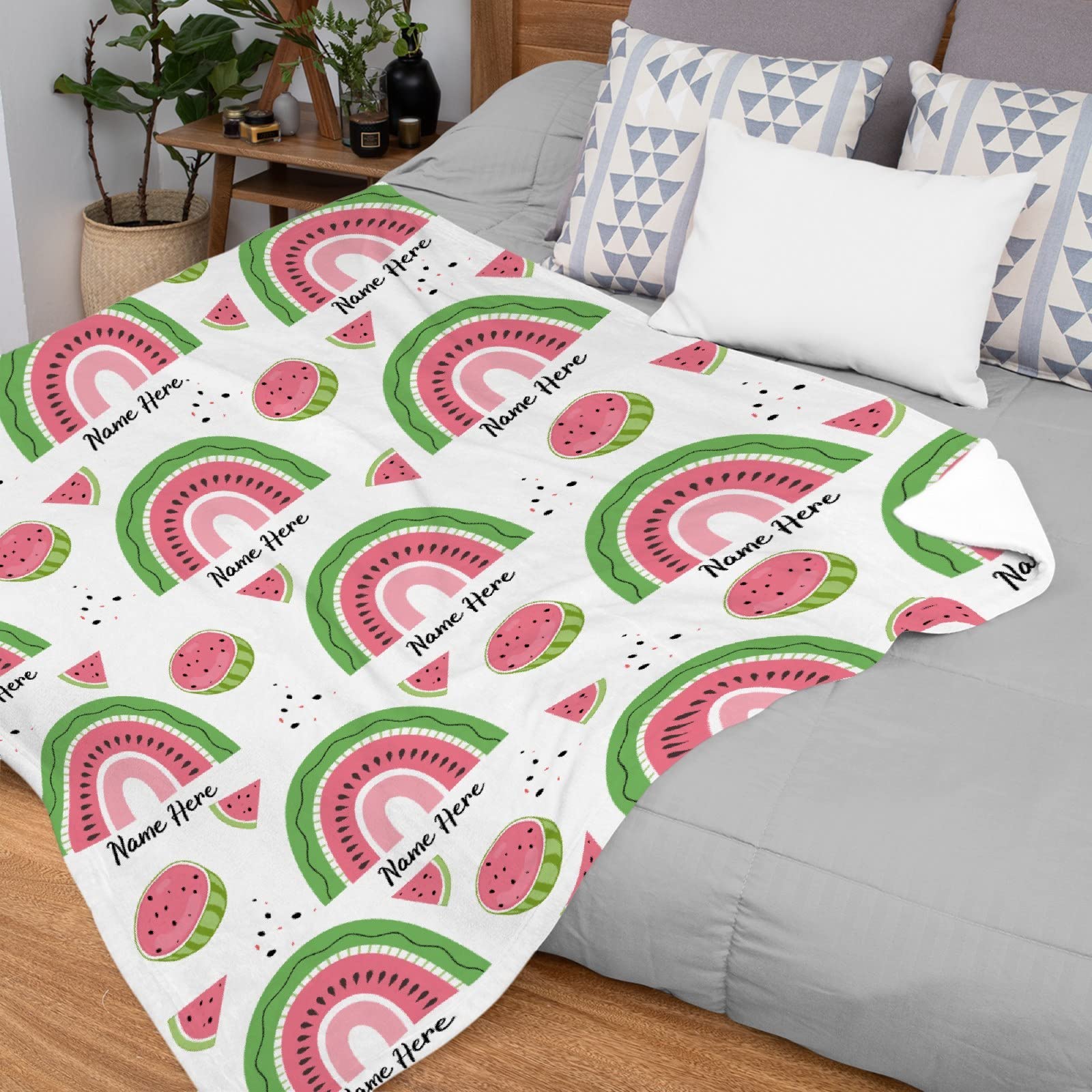 Custom Flannel Blanket Personalized with Watermelon Rainbow Design - Soft Warm Throw Blanket for Couples, Gifts, Home Decor & Cozy Nights