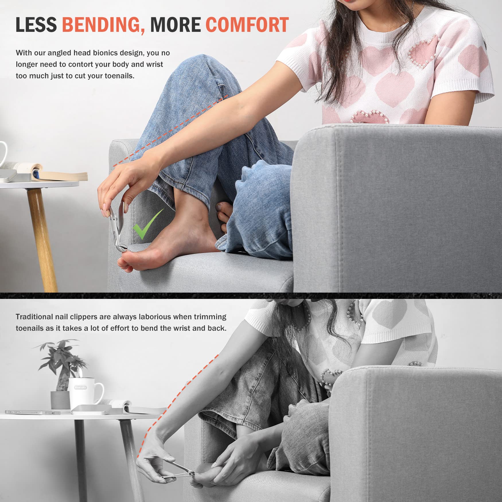 BEZOX Professional Toenail Clippers for Thick Nails - Ergonomic Angled Head Nail Clipper for Seniors & Adults with Catcher - Silver | Perfect for Elderly Foot Care & Diabetic Nail Trimming