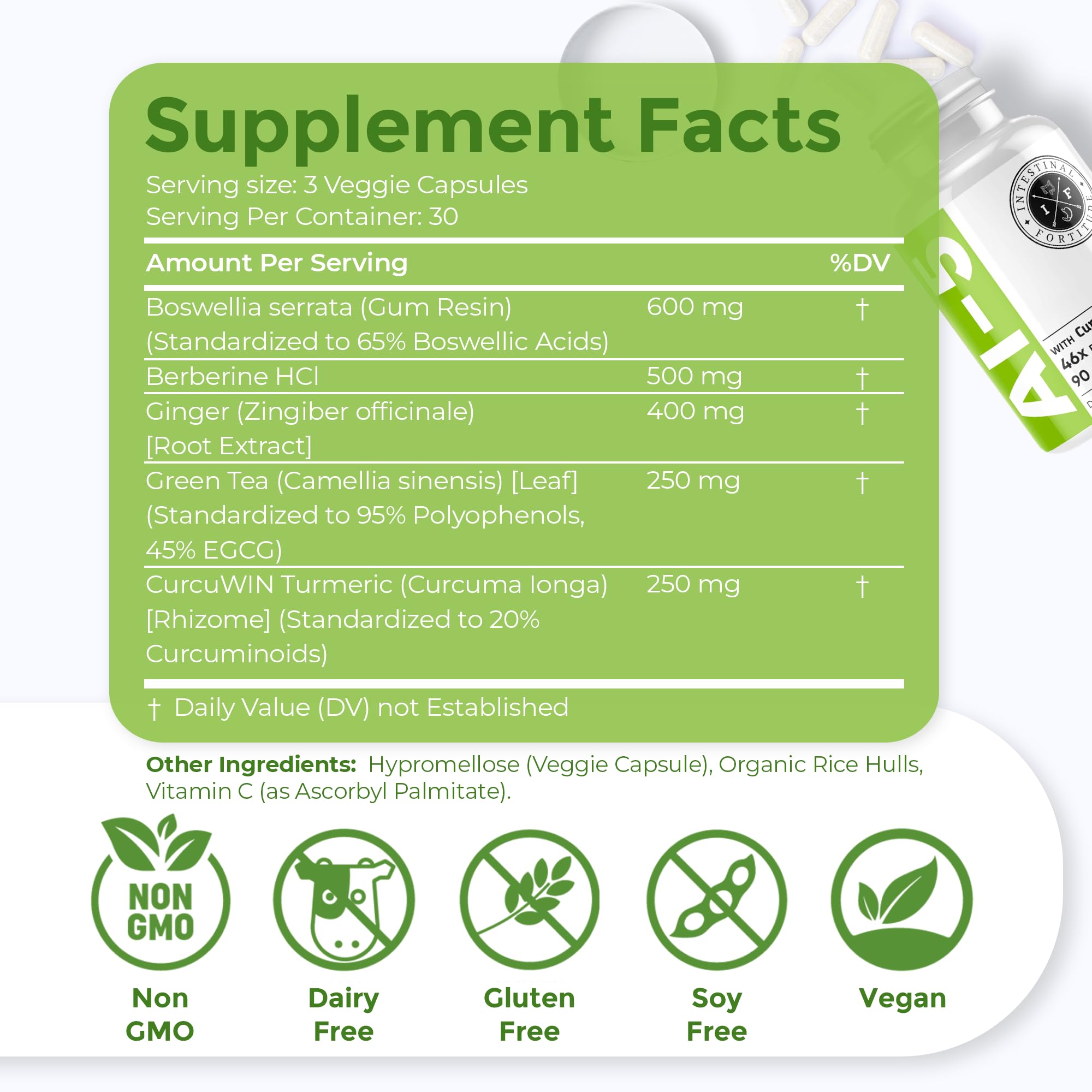 Intestinal Fortitude AI-5 Digestive Support Supplement - Turmeric Curcumin with CurcuWIN, Boswellia Serrata, Ginger Root & Green Tea EGCG for Gut Health - Non-GMO, Dairy Free - Supports Digestion & Bloating Relief for Active Lifestyles