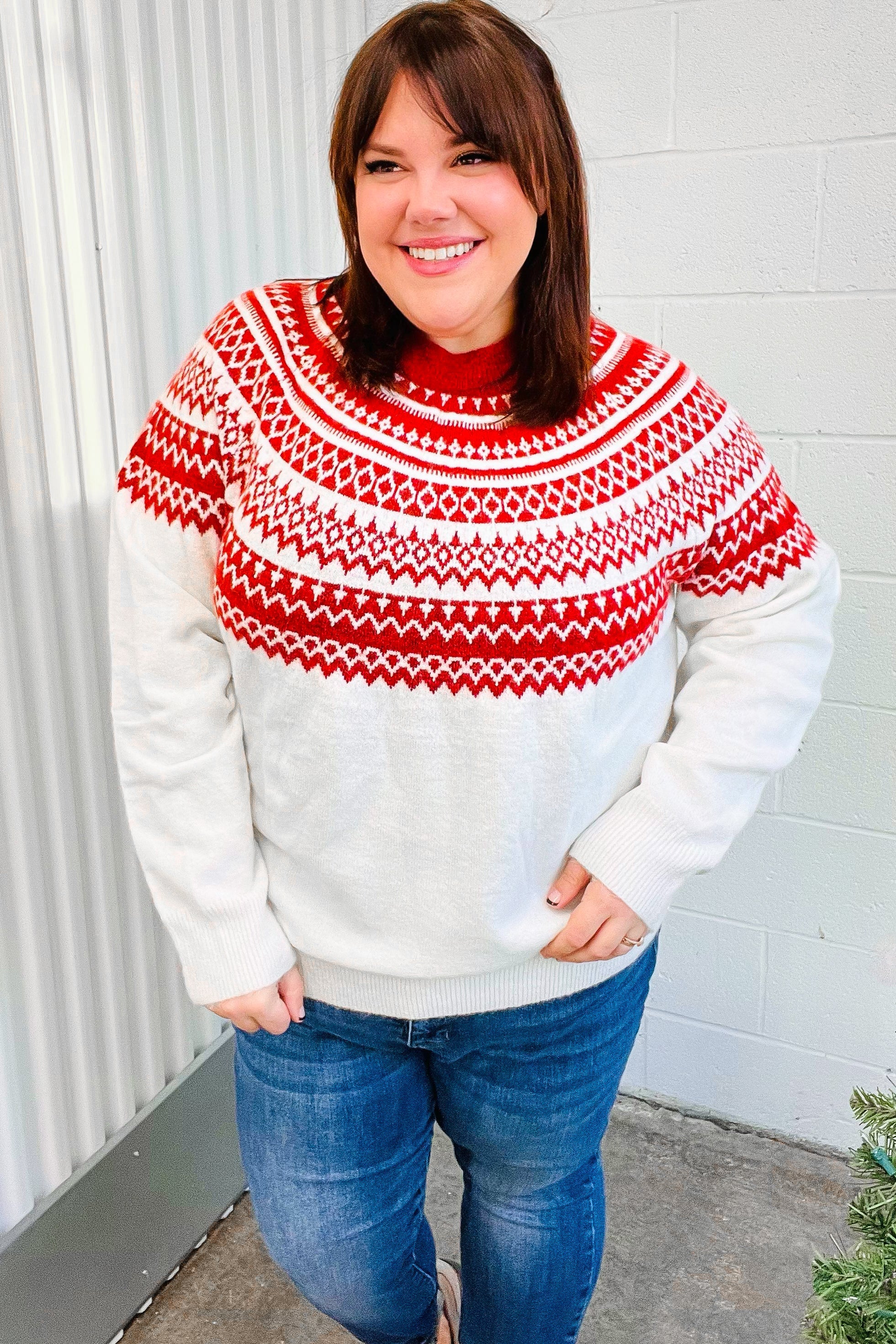 Festive Ivory & Red Fair Isle Mock Neck Sweater - Cozy Christmas Holiday Knitwear for Women, Perfect for Winter Parties & Family Gatherings